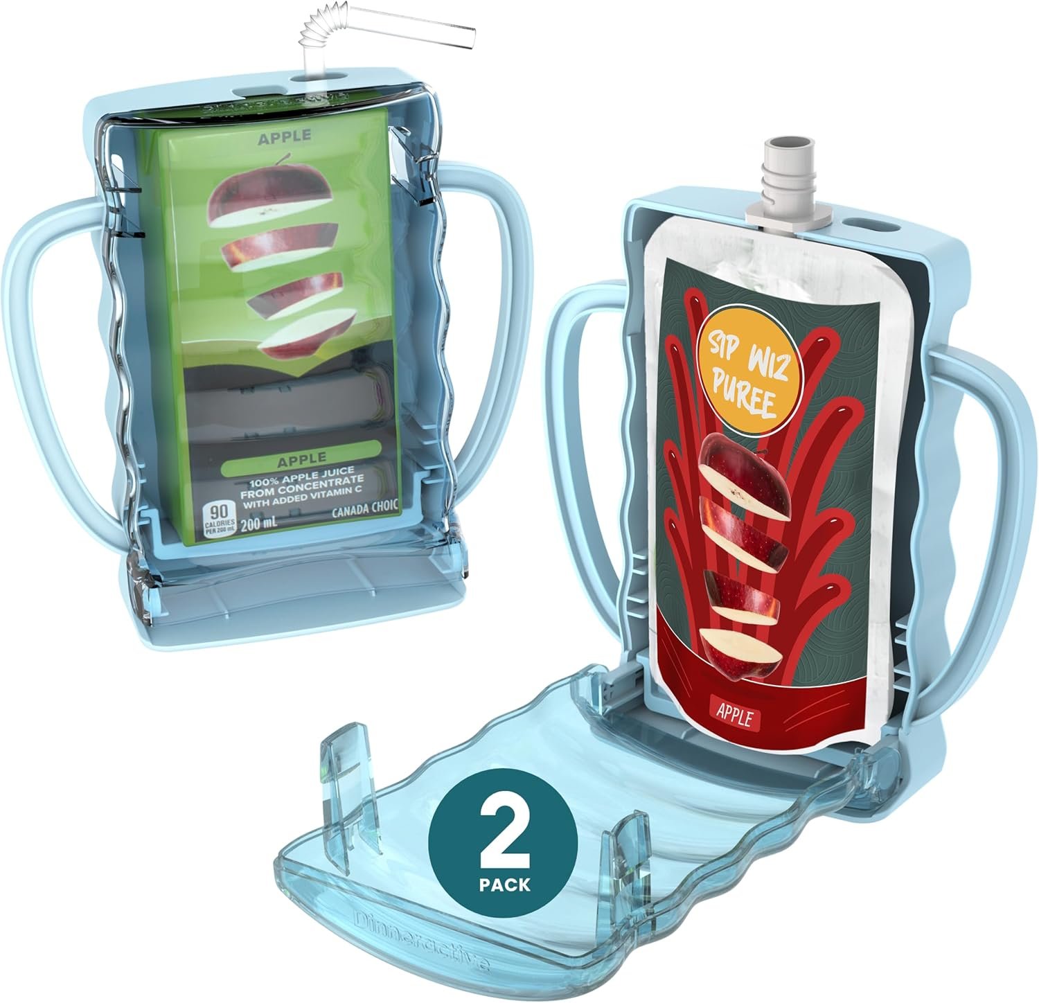 Dinneractive Sip Wiz – Baby Pouch Holder No Squeeze Pouch Food Pouches & Juice Box Holder – Anti-Squeeze Yogurt Pouch Reusable Toddler Essentials 2 Pack