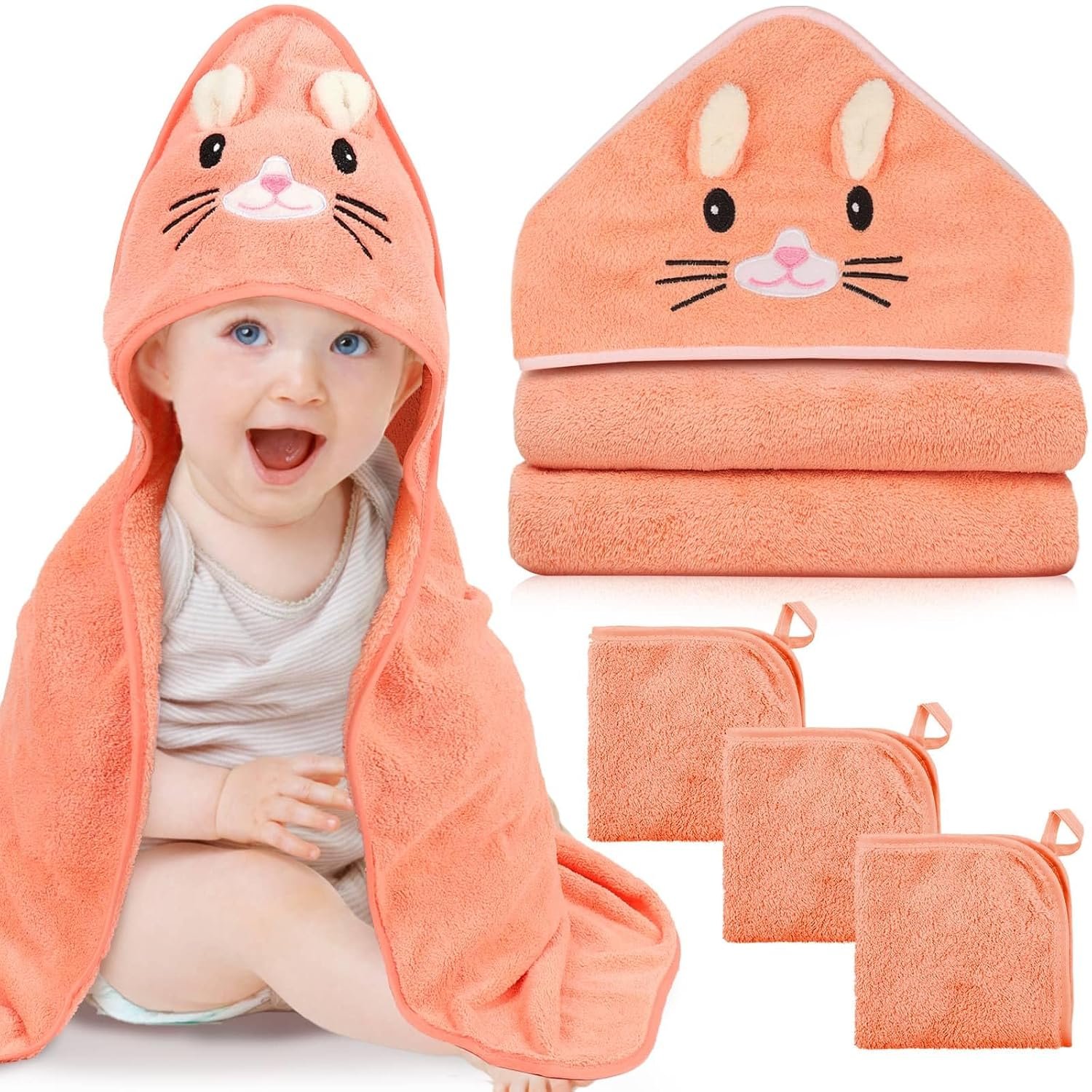 4 PCS Hooded Baby Towels, Soft Baby Towel, Absorbent Baby Bath Towel, Baby Towels and Baby Washcloths for Newborns, Toddlers, and Kids, 32×32 in Baby Towel with Hood for Boy and Girl (Orange Kitten)