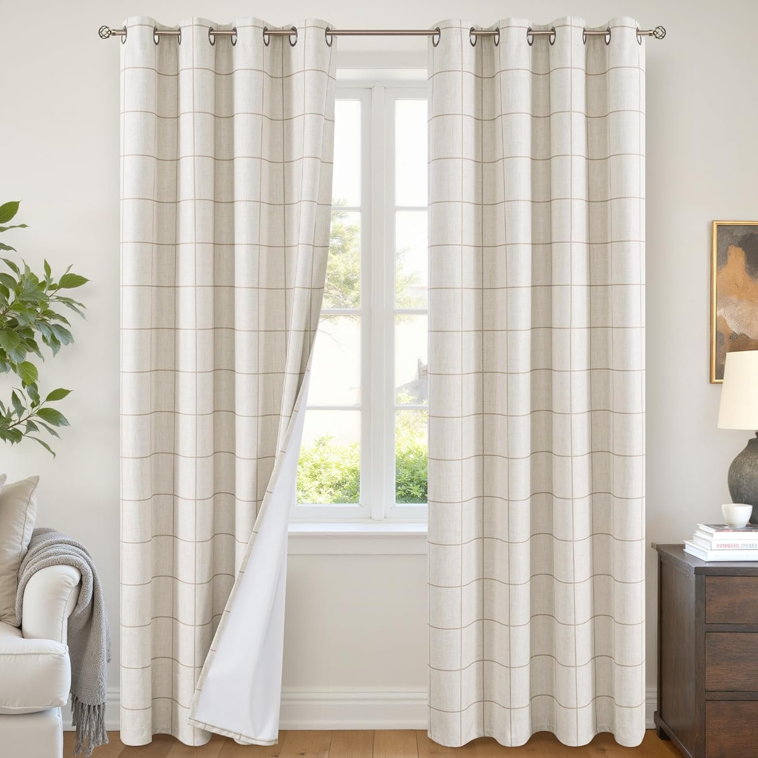 Lajode Linen Blackout Curtains for Living Room – Boho Plaid Pattern Thermal Insulated Grommet Cottage Core Window Treatments Rustic Drapes for Farmhouse, 52×84 Inch 2 Panels, Natural