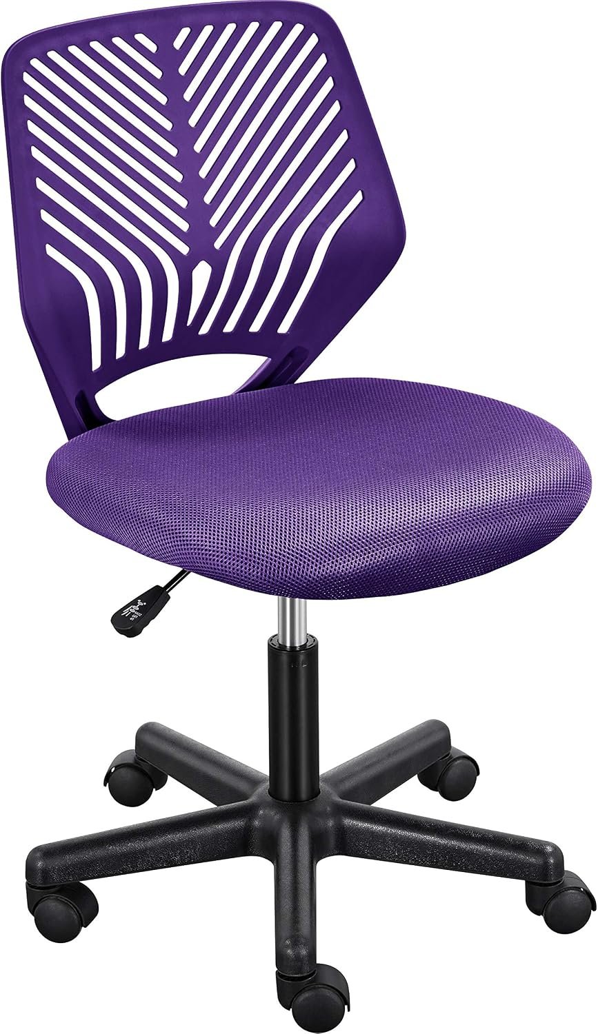 Yaheetech Student Desk Chair, Low-Back Armless Study Chair with Lumbar Support, Adjustable Swivel Office Chair for Home Bedroom School, Purple