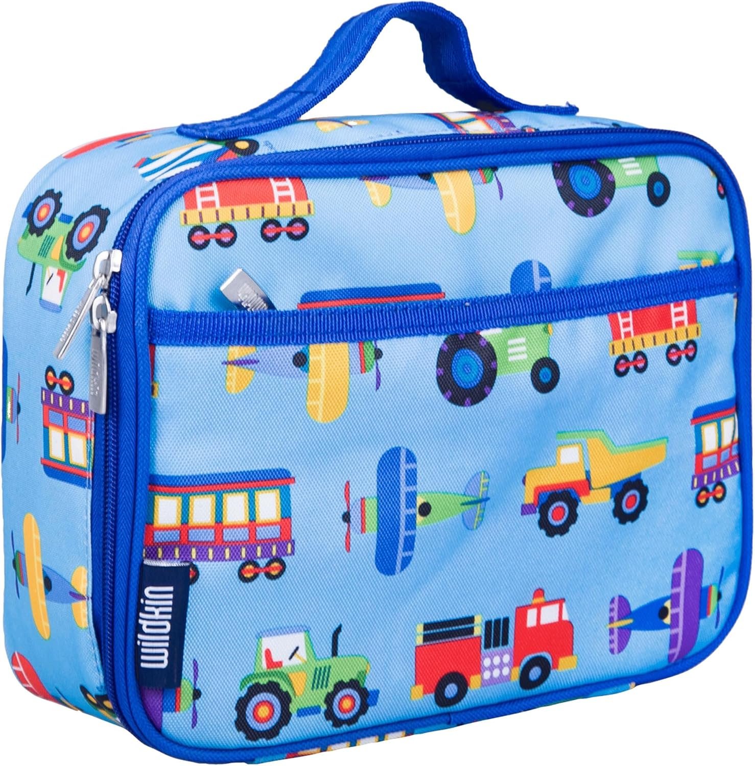 Wildkin Kids Insulated Lunch Box, Trains, Planes, and Trucks | Insulated, wipe-clean lunch box — coordinates with matching Wildkin backpacks and water bottles