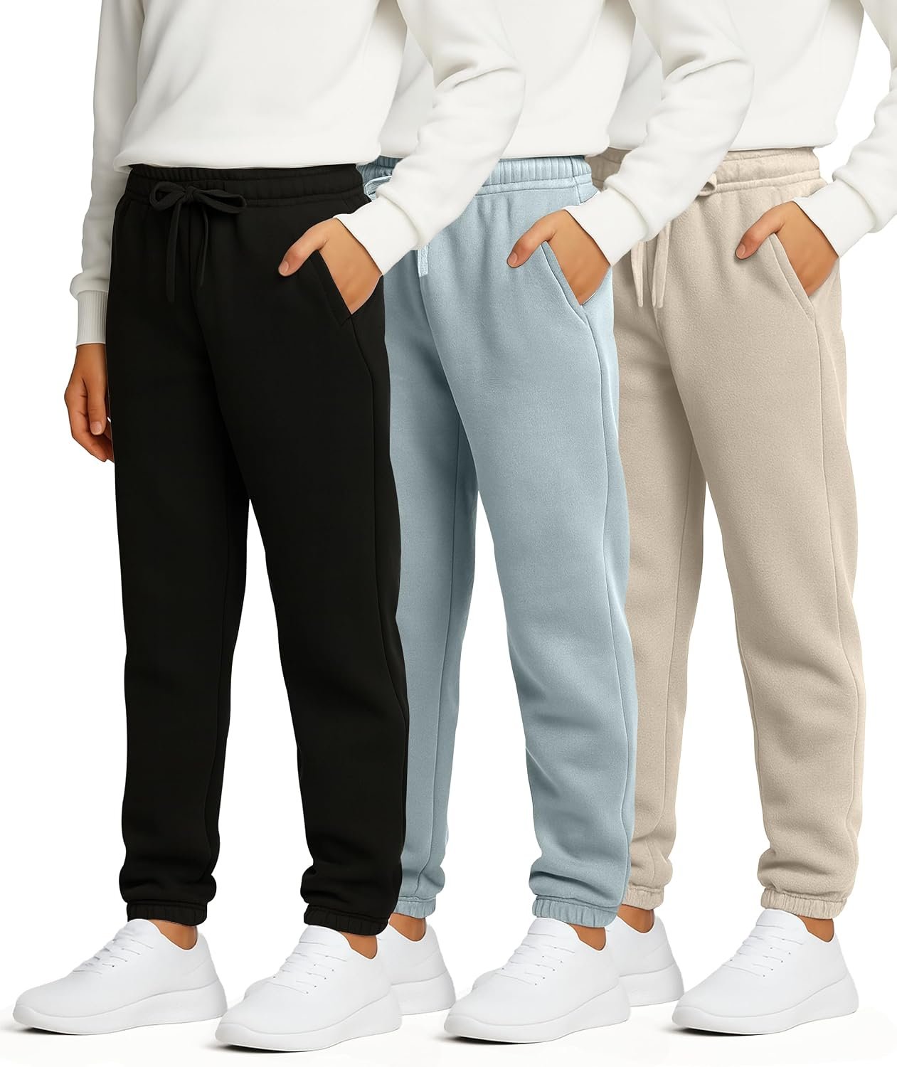 Real Essentials 3 Pack: Boys’ Fleece Athletic Jogger Sweatpants – Kids Teens Active Athletic Pants with Pockets (Size 6-20)