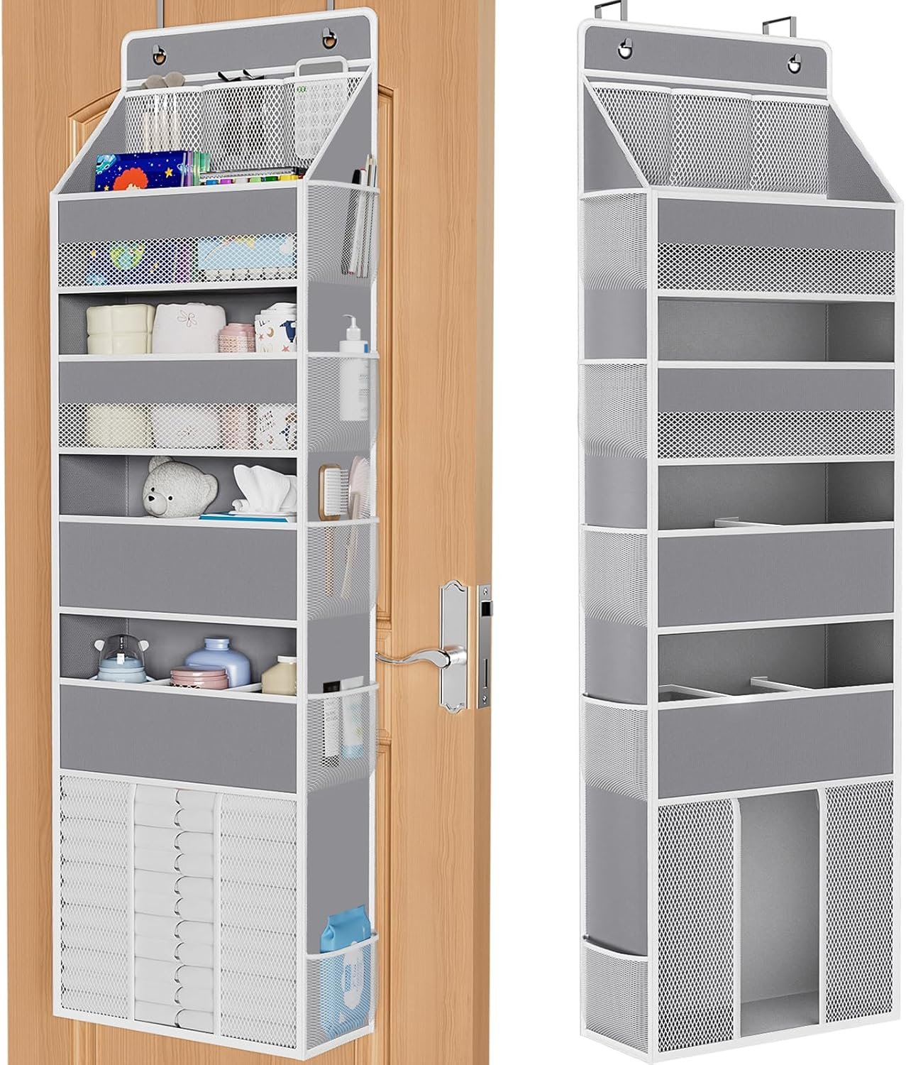 WISELIFE 5-Tier Over the Door Organizer for Hanging – 50LB Heavy-Duty Back of Door Organizer with 5 Spacious Pockets & 13 Mesh Pockets, Multipurpose Storage for Nursery, Bedroom, Closet(1 Pack, Gray)
