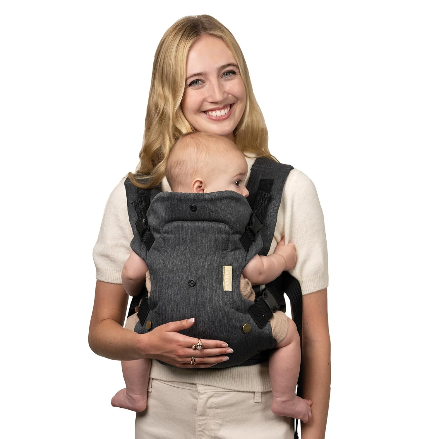 Infantino Flip Luxe 4-in-1 Baby Carrier Ergonomic 7-35 lbs, Onyx | Updated lumbar support, Premium herringbone fabric, Elevated accents, For on-the-go parenting, For infants to toddlers