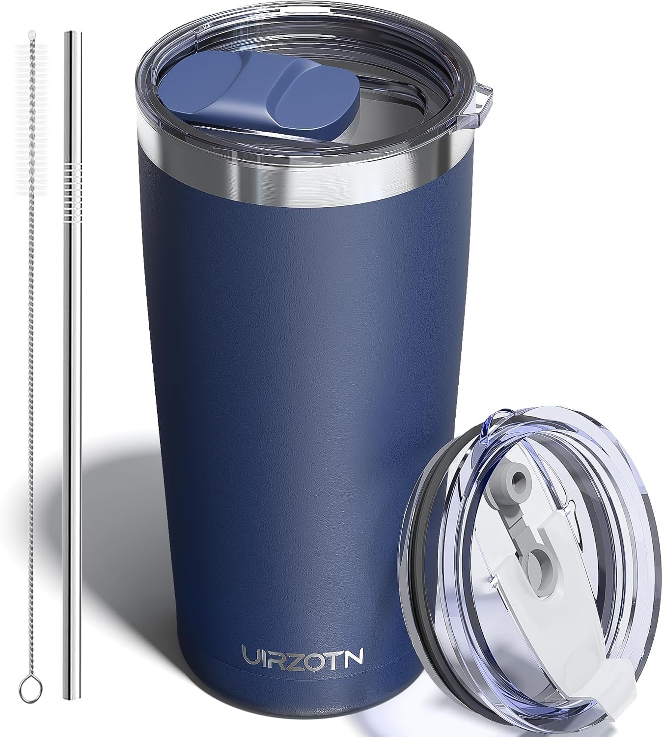 20oz Travel Coffee Tumbler with 2 Lids and Straw, Stainless Steel | Double Wall Vacuum Insulated Tumbler, Coffee Mug for Hot & Cold Drinks, Fits Most Car Cup Holders, Navy Blue