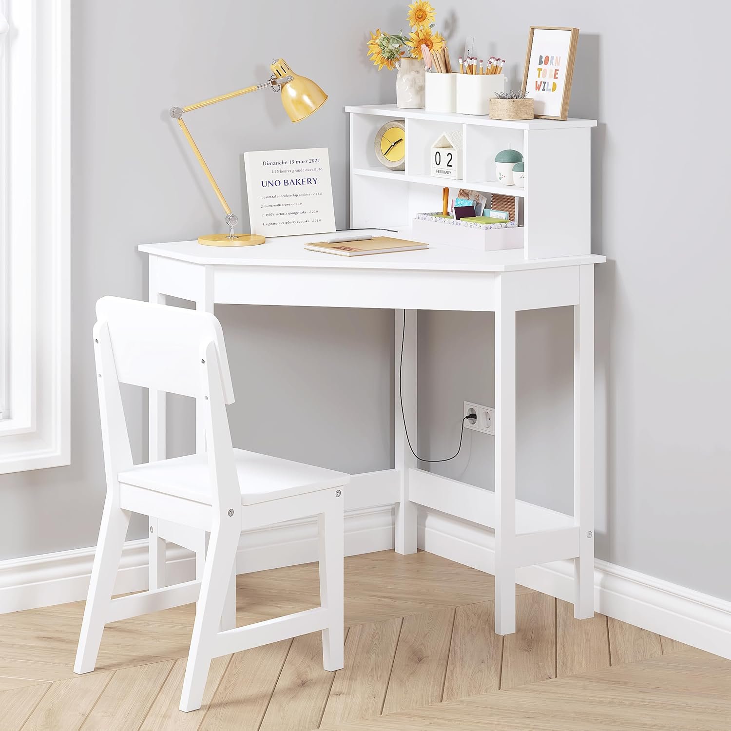 UTEX Kids Desk, Kids Corner Desk and Chair Set, Children Study Table with Storage and Hutch for Home School Use, White