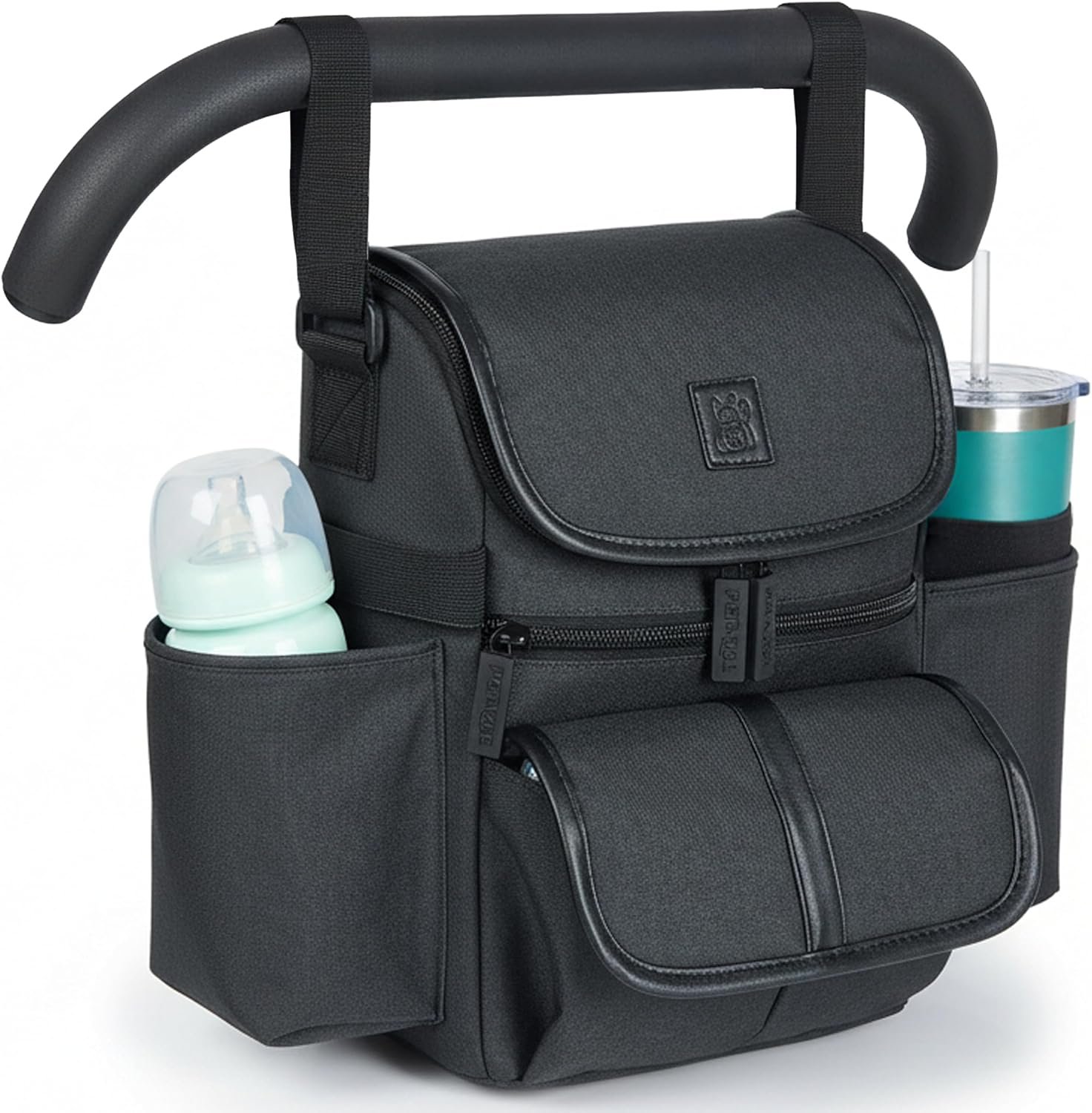NT·hut Baby Stroller Organizer with 2 Wide Cup Holders and Multiple Pockets | Fits an 11-in” Tablet, Bottle Straps, Adjustable Shoulder Strap, Stroller Caddy with Premium Zippers & Water-Resistant Fabric