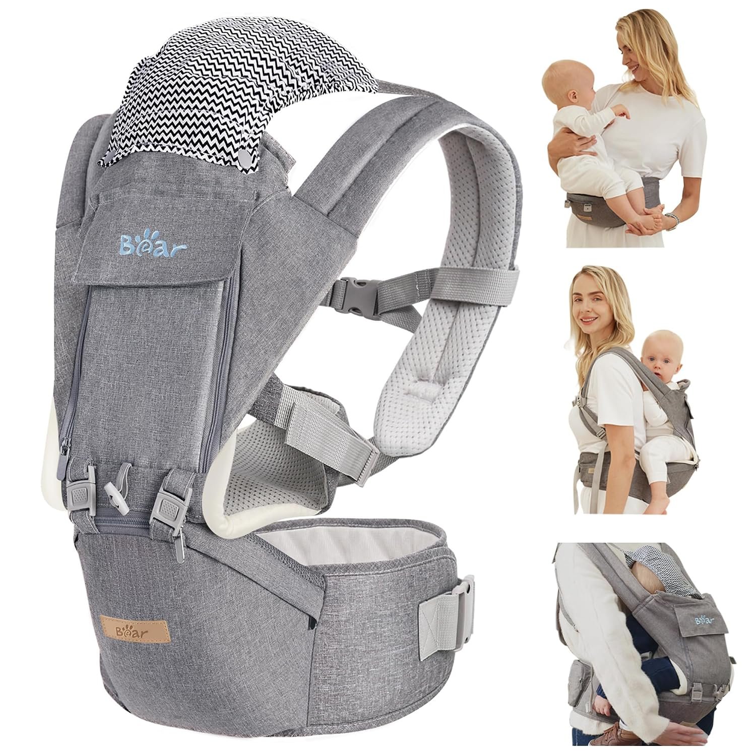 Bear Baby Carrier, 6-in-1 Baby Carrier Newborn to Toddler with Hip Seat (Ergonomic M Position) for 3-36 Month/ 7-44lbs Baby, Adjustable Size for Enhanced Lumbar Support, Perfect for On-the-go