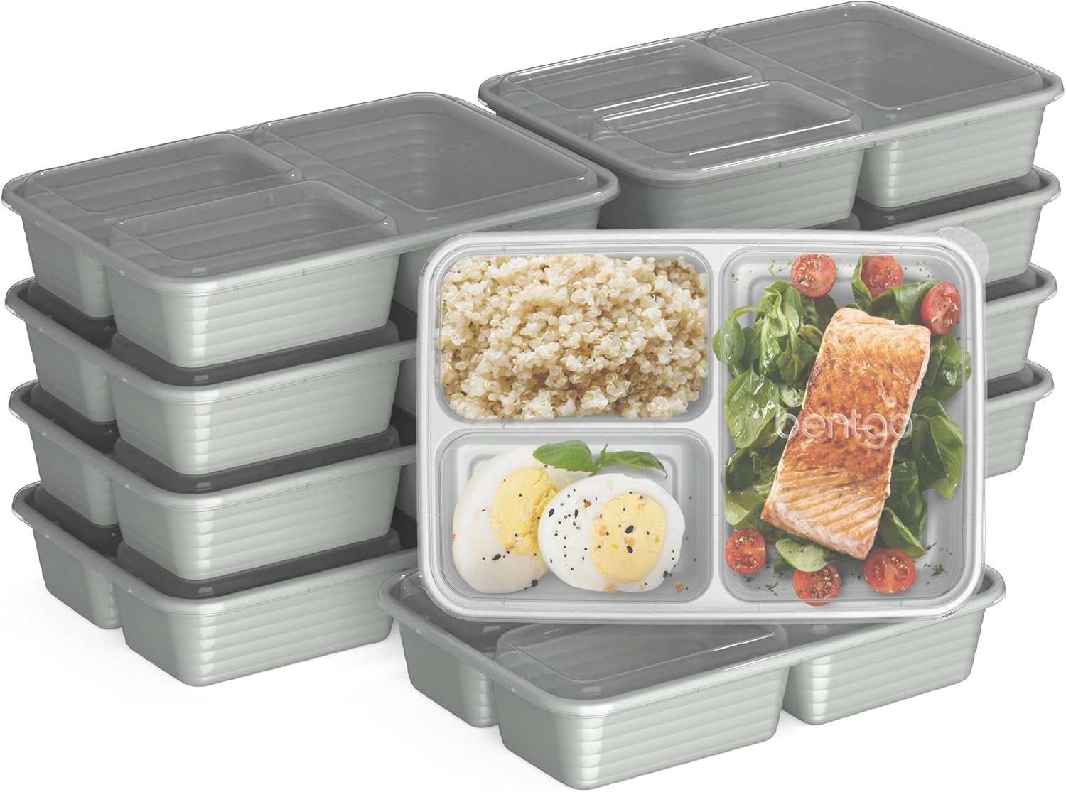 Bentgo Prep 3-Compartment Meal Prep Containers with Lids, 20 Piece Set | 4-Cup Capacity, Portion Control, Stackable, Microwave, Freezer & Dishwasher-Safe, PFAS & BPA-Free (Silver)