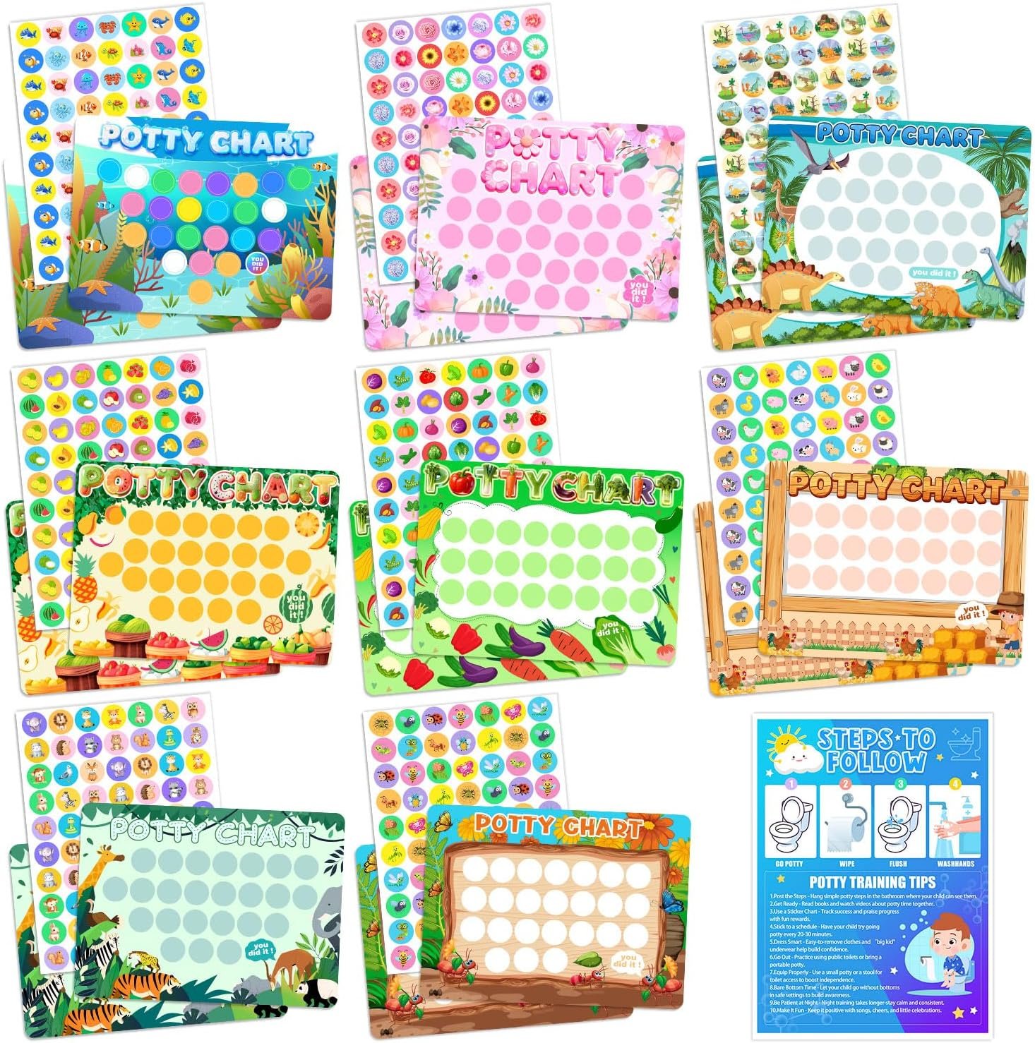 25 Pcs Potty Training Chart 8 Themes Potty Training Reward Chart | with 560 Stickers Develop Toileting Habit for Toddlers Girls Boys