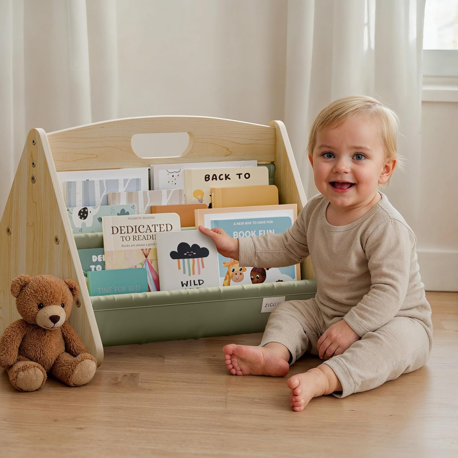 ZICOTO Decorative Wooden Bookshelf with Handle for Kids Rooms – Keeps Books Neatly Organized & Within Reach for Toddlers – Easy Install Montessori Book Shelf for Baby’s Bedroom or Playroom Decor