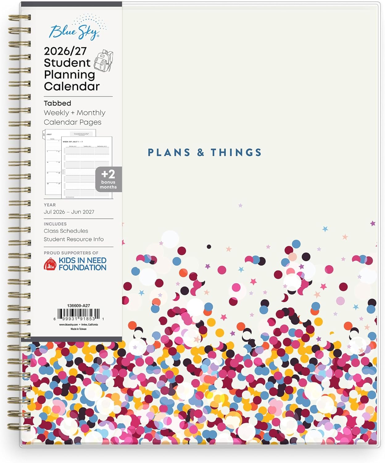 Blue Sky 2026-2027 Weekly and Monthly Academic Year Student Planner Calendar, July 2026 – June 2027, 8.5″ x 11″, Flexible Cover, Wirebound, Laminated Tabs, Star Confetti Bright