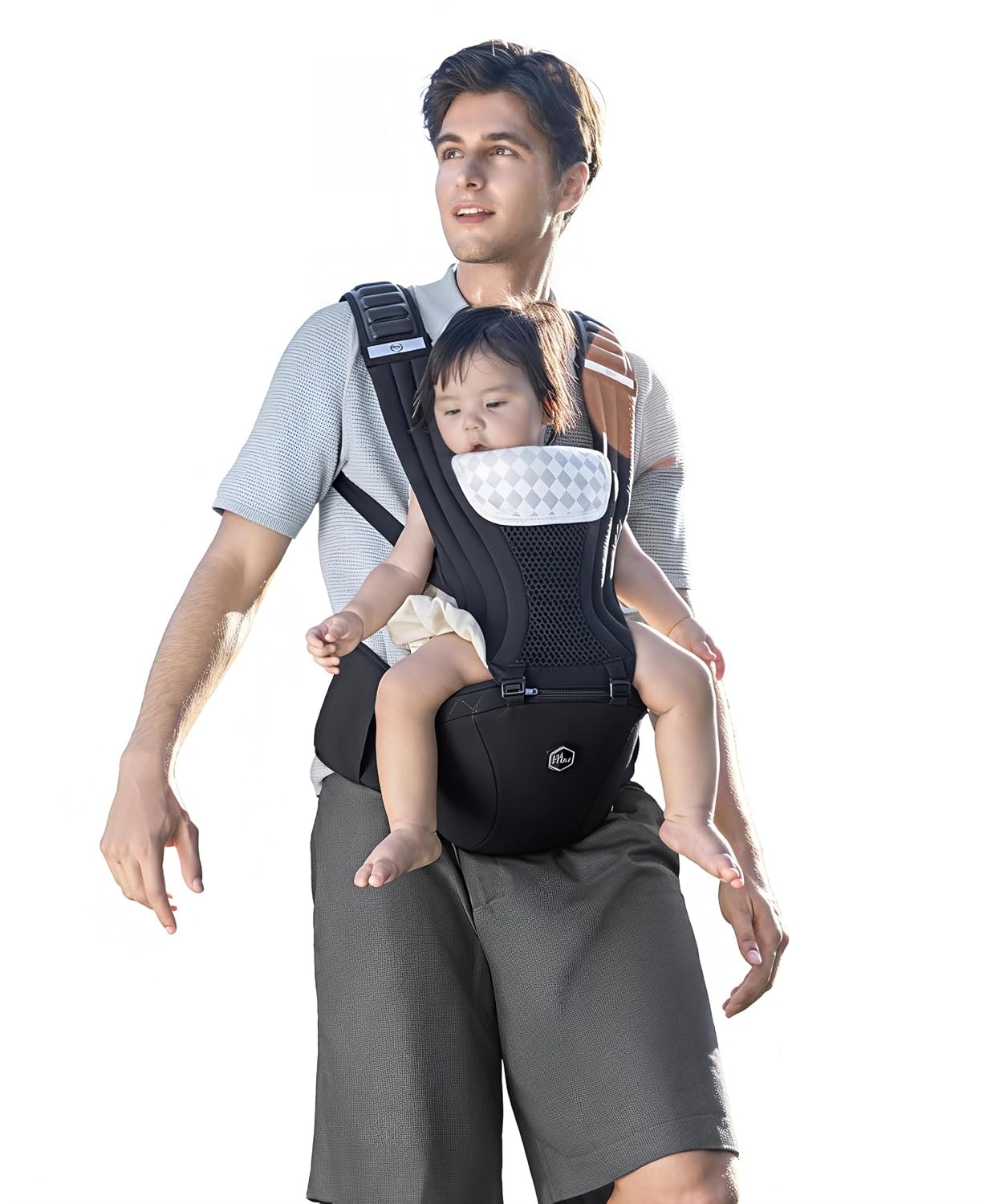 HBR Baby Carrier with Hip Seat, Non-Slip Seat, Air-Padded Shoulder Straps for Less Pressure, 6-in-1 Ergonomic Breathable Infant Carrier, Front-Facing, Hands-Free, Up to 45 lbs, 47 in, AirMesh Black