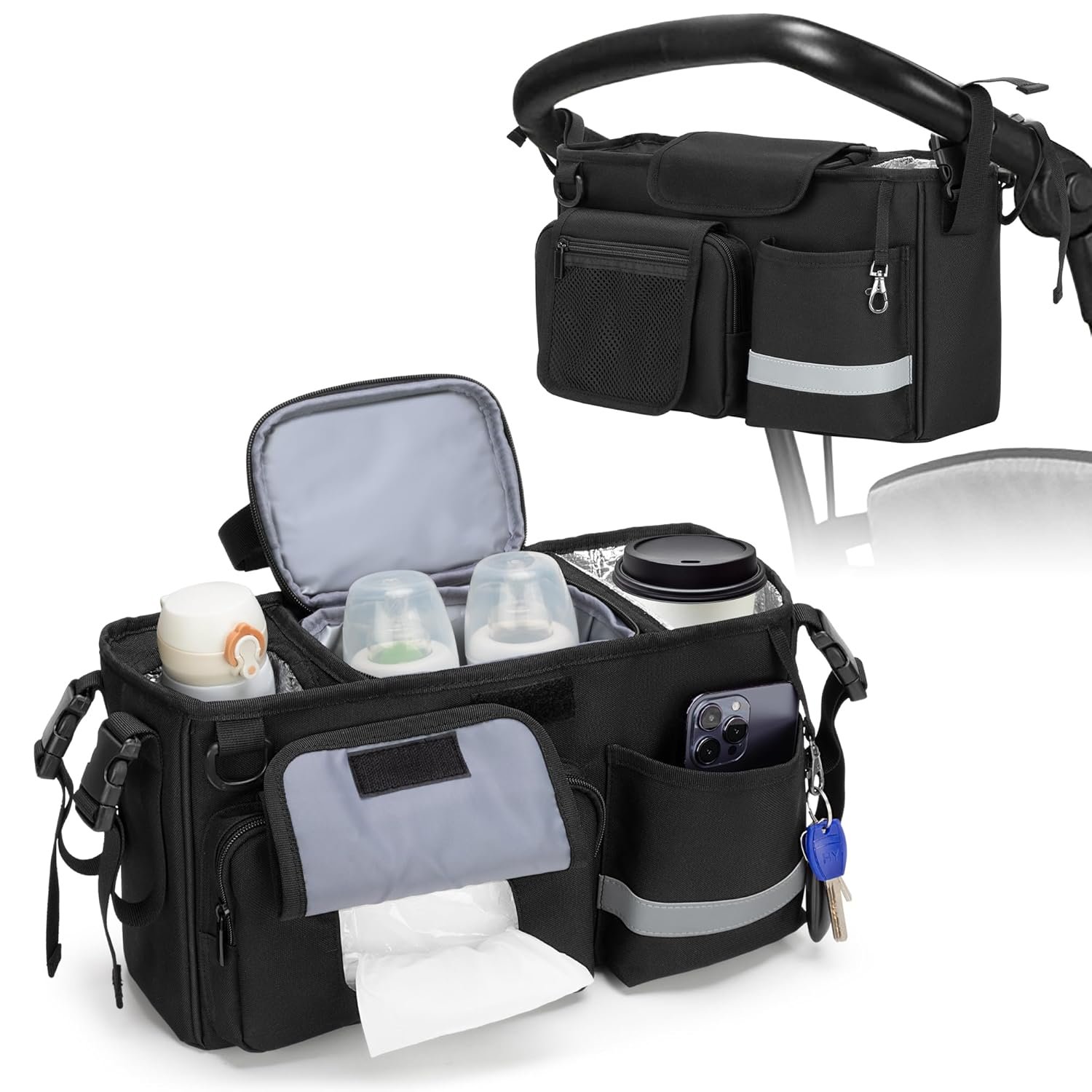 Parent Console Stroller Organizer Compatible with WONDERFOLD W&X | 2 Insulated Cup Holders, A Removable Cooler Bag, Black, Patented Design