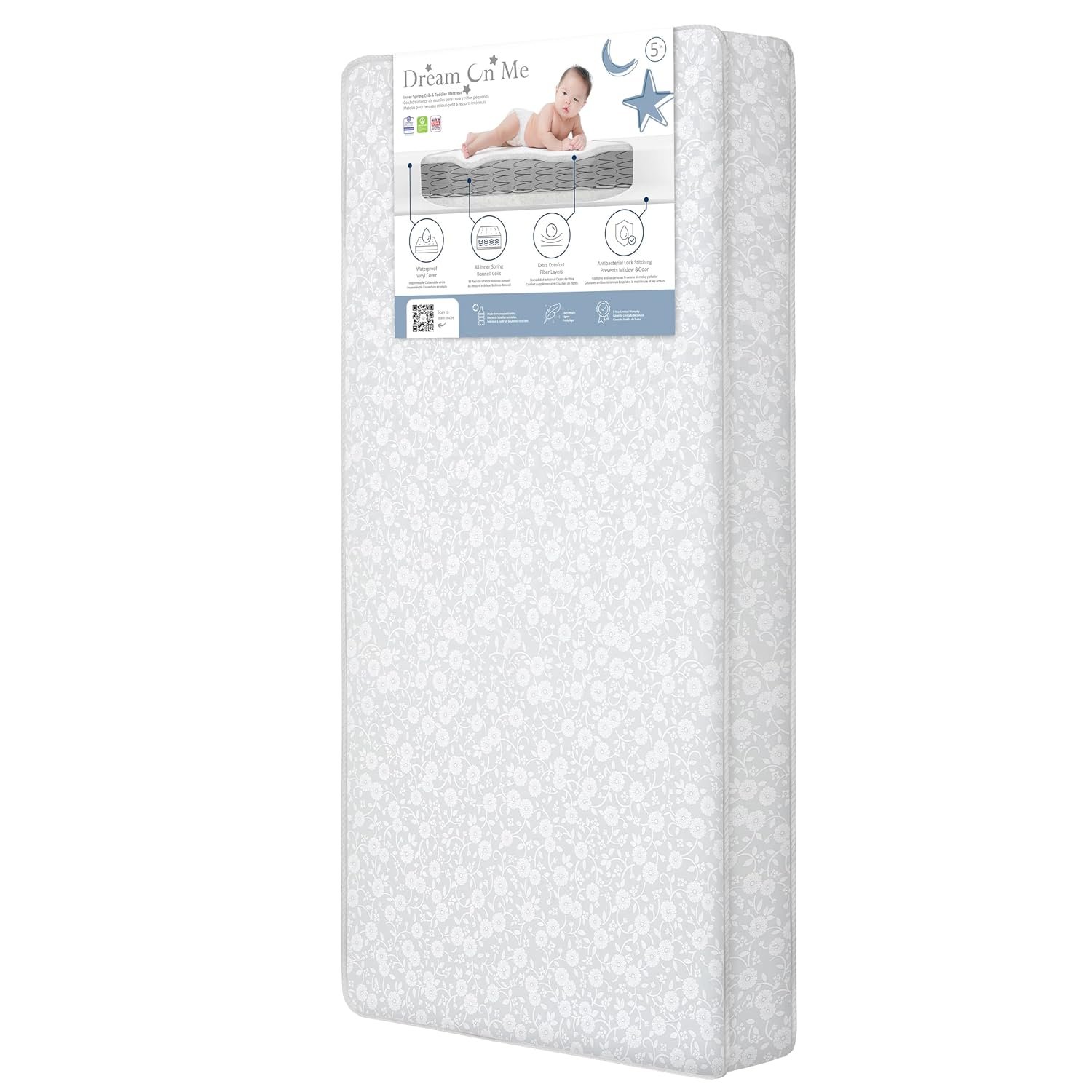 Dream On Me Nap Nest Baby Crib Mattress, GREENGUARD Gold, Made in USA | Waterproof Cover, 88 Coil Spring Support, BSA Verified, ASTM & CPSC Tested, Fits Full Size Crib and Toddler Bed 52″x28″x5″