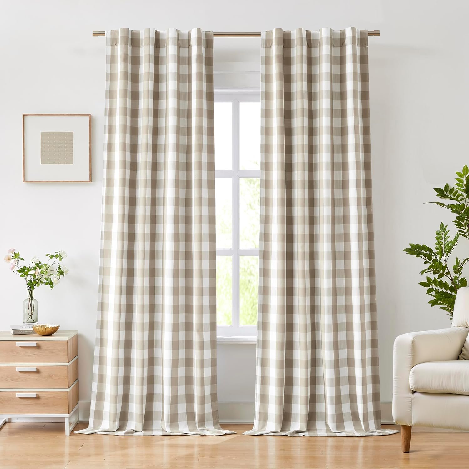 Beige White Buffalo Plaid Blackout Curtains 84 Inch for Bedroom | Thermal Insulated Noise Reducing Drapes,Vintage Farmhouse Living Room Window Treatment,Rod Pocket Back Tabs,40″Wx84″Lx2