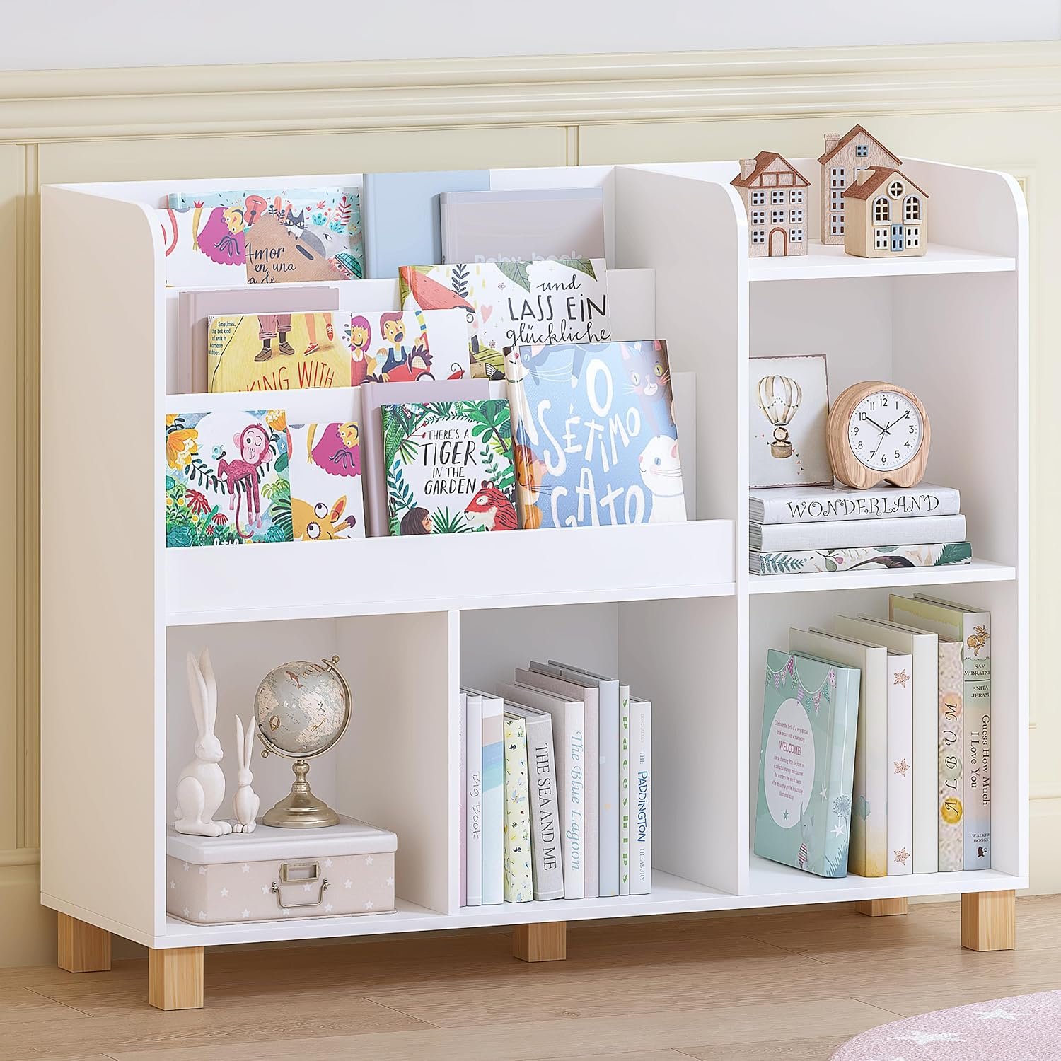 Spirich Kids Bookshelf and Toy Storage, Child Cube Organizer Bookcase Shelf | Tall Kids Book Rack, Toy Storage Shelf with Pine Legs, Standalone, Bedroom, Playroom and Nursery, Kids Gift, White