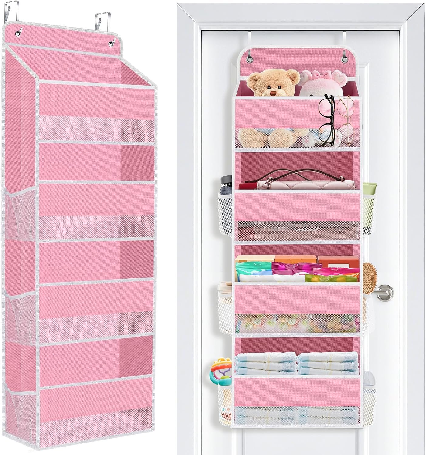 Over the Door Organizer, 4 Large Pocket Hanging Storage with 40lb Capacity | Space Saving Door Storage for Nursery, Bathroom, Bedroom and Closet, Baby Essentials and Toiletry Organizer, Pink