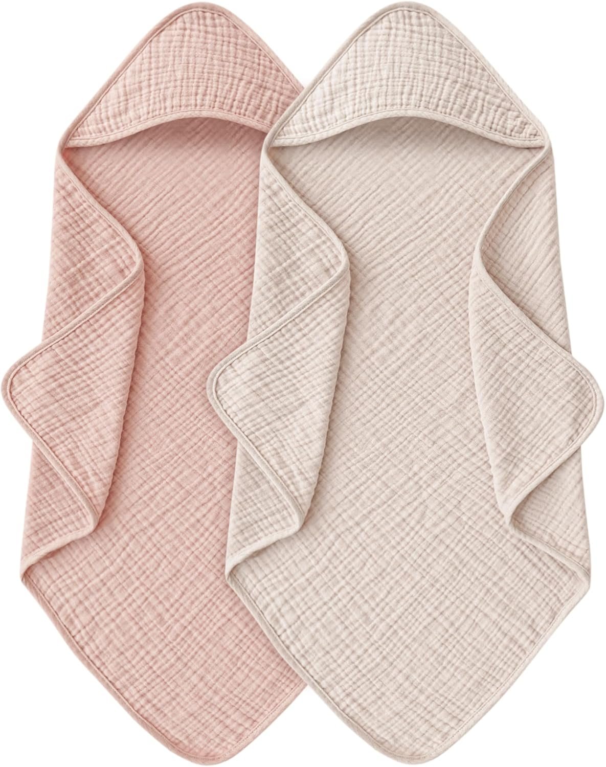 MairMore Hooded Baby Bath Towels, 100% Muslin Cotton Baby Girl Towels with Hood for Neutral Newborn Infants, Soft & Absorbent, Large Size – 32 * 32 Inches (Ivory & Pink)