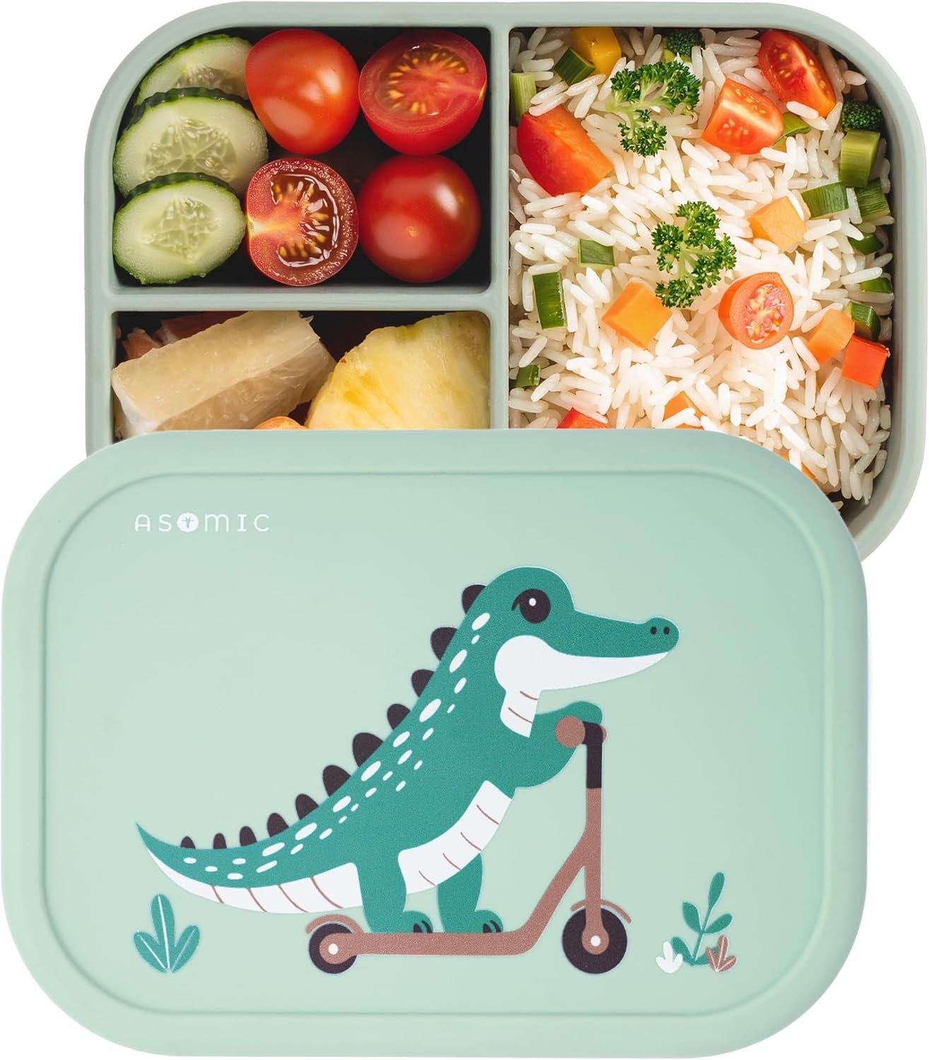 ASOMIC Silicone Bento Box for Toddlers & Kids, 3 Compartments, Crocodile | Leakproof food-grade silicone; 32 fl oz with 3 compartments; BPA-free, microwave, freezer and dishwasher safe.