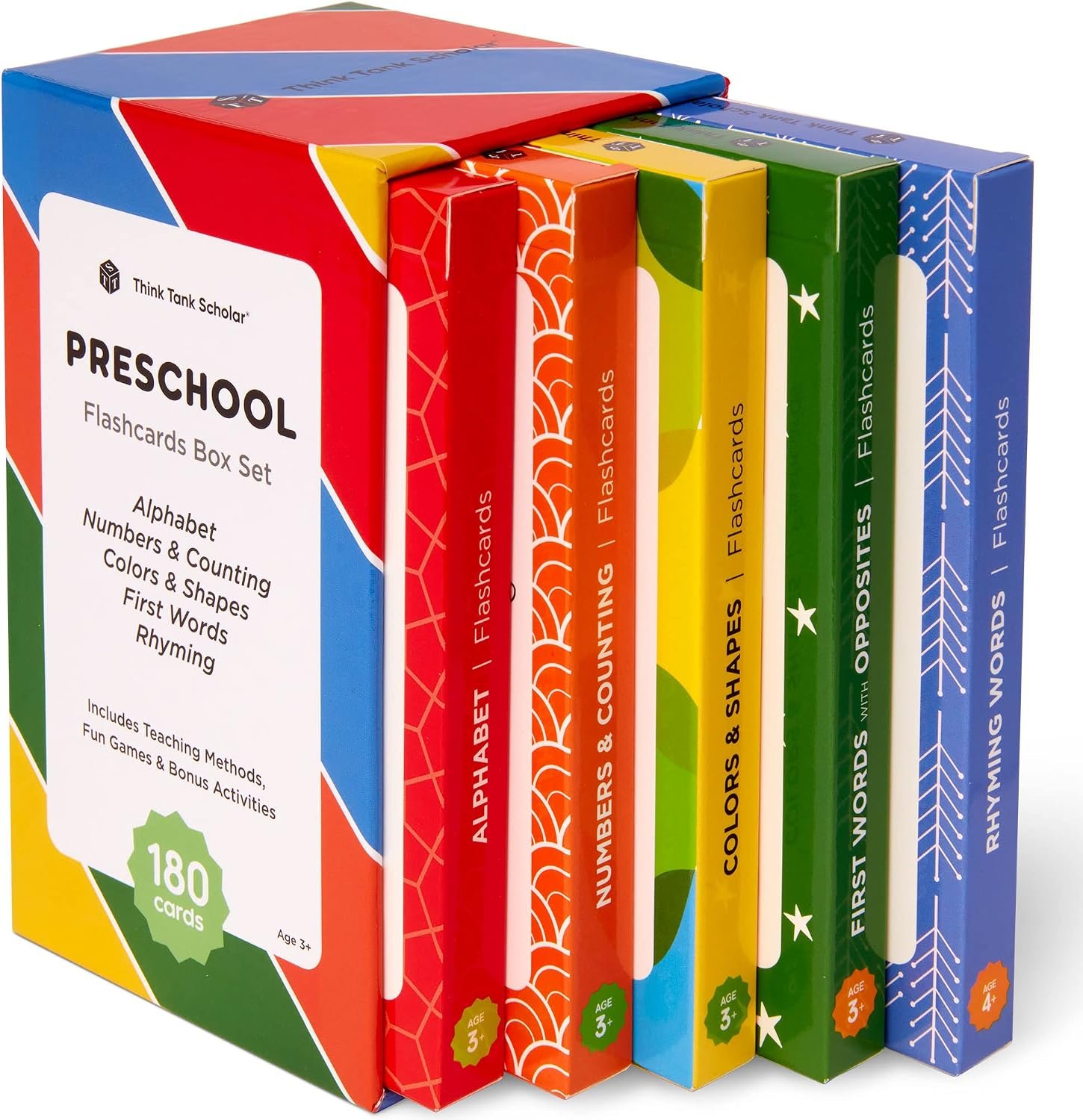 Award-Winning Flash Cards for Preschool & Kindergarten – 5-Deck Set, 180 Jumbo Cards – Learn Alphabet, Numbers, Colors, Shapes, First Words, Opposites & Rhyming – for Kids Ages 3–5