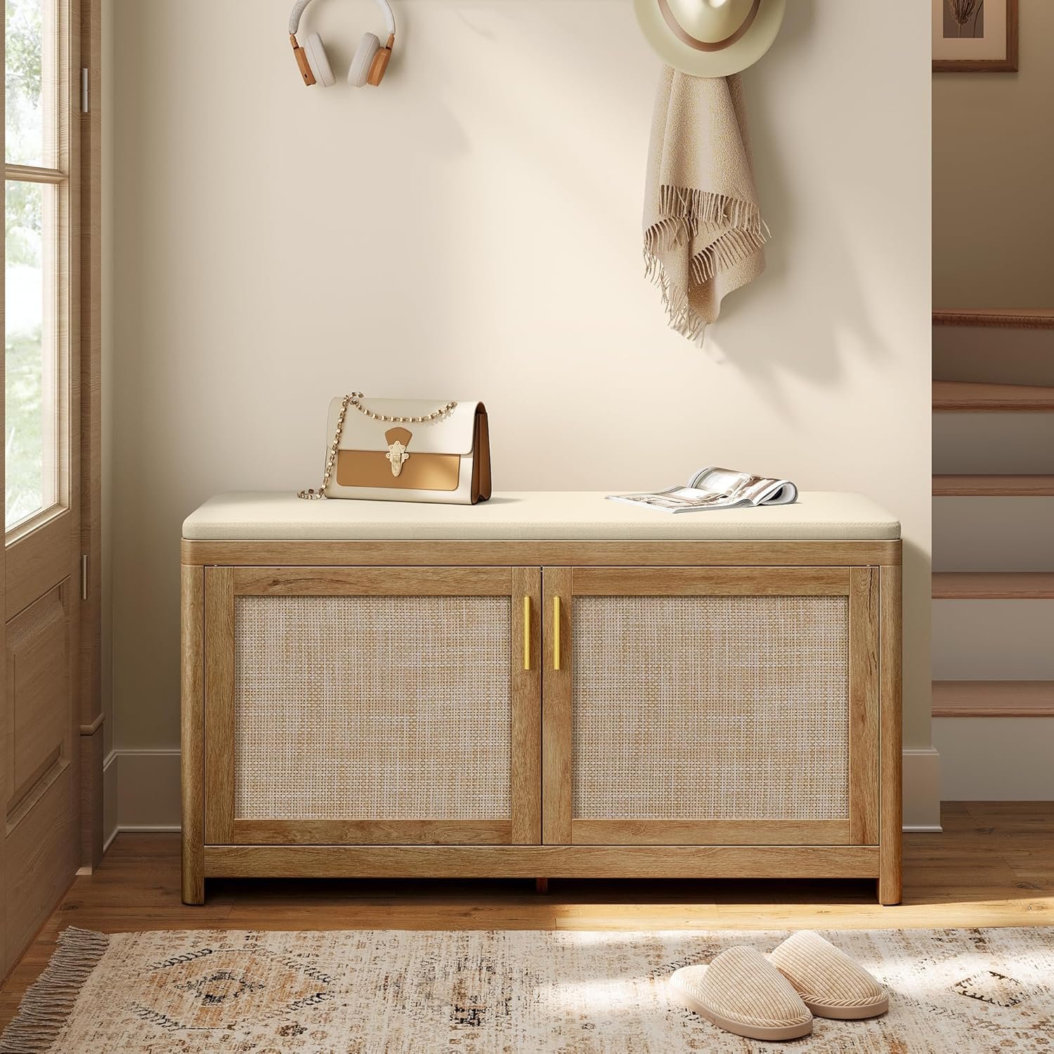 VASAGLE ELLAN Collection – Boho Shoe Bench with Cushion, Entryway Storage Bench with 2 Rattan-Look Cabinet Doors, Rounded Corners, Adjustable Shelf, for Bedroom Under Window, Natural Brown ULSB501KC01
