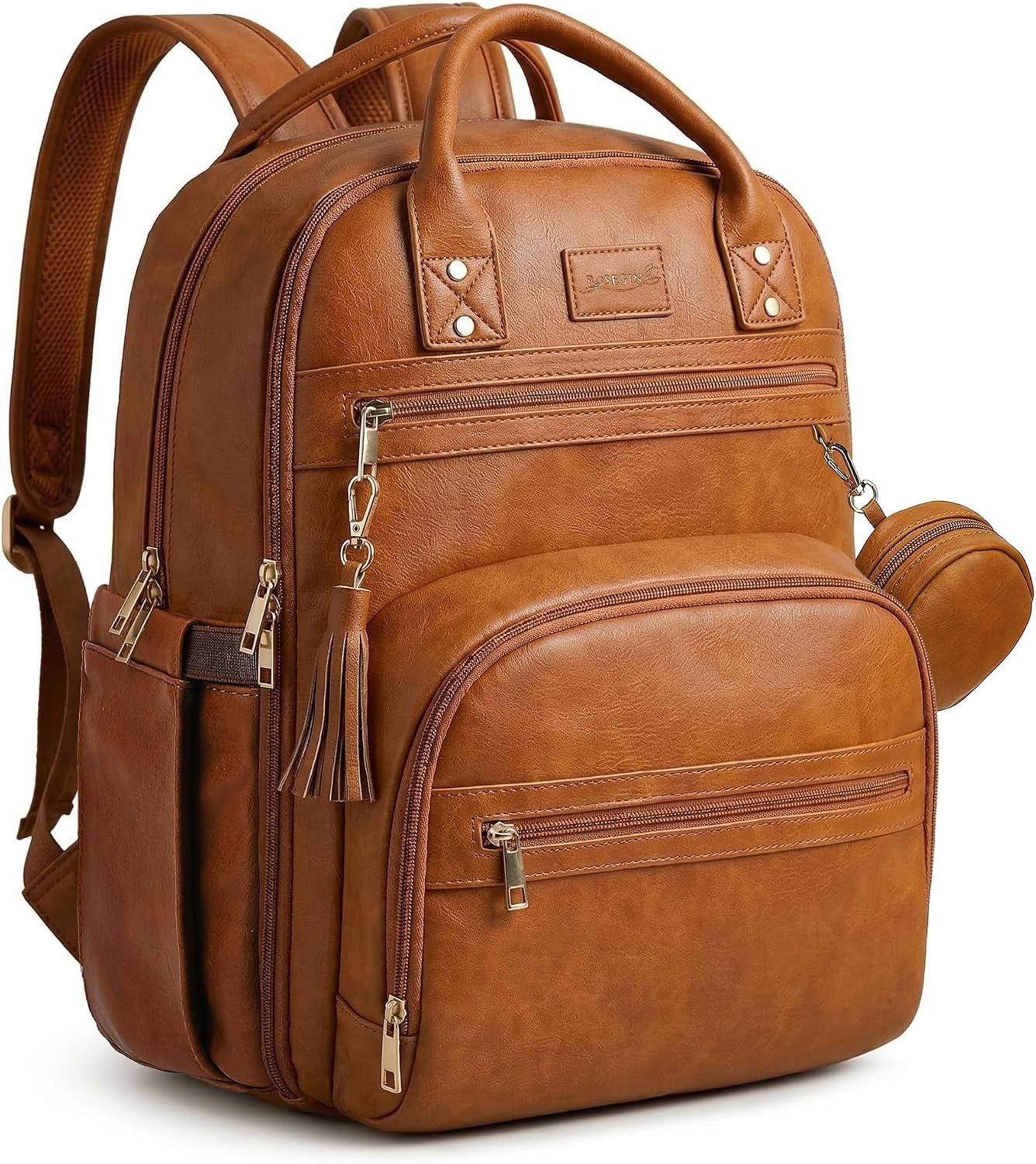 ROSEGIN Premium Vegan Leather Diaper Bag Backpack with Waterproof Changing Pad, Reinforced Zippers & Odor-Free, 20 Pockets Pro Organizer, Fits 15.6″ Laptop, Stroller Straps, Baby Bag for Mom, Brown
