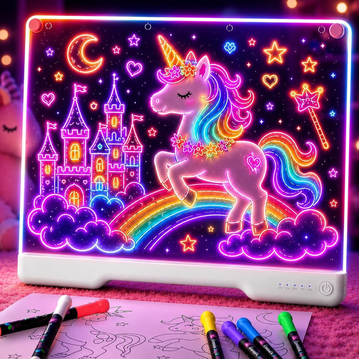 Geokay 16″ Rechargeable LED Drawing Board, 9-Color Light Modes, Neon Art Dry Erase Light Up Doodle Glow Pad with Built-in Stand, Sketching Gift Toy for Kids/Girls/Teens, 7 Markers & Tracing Book