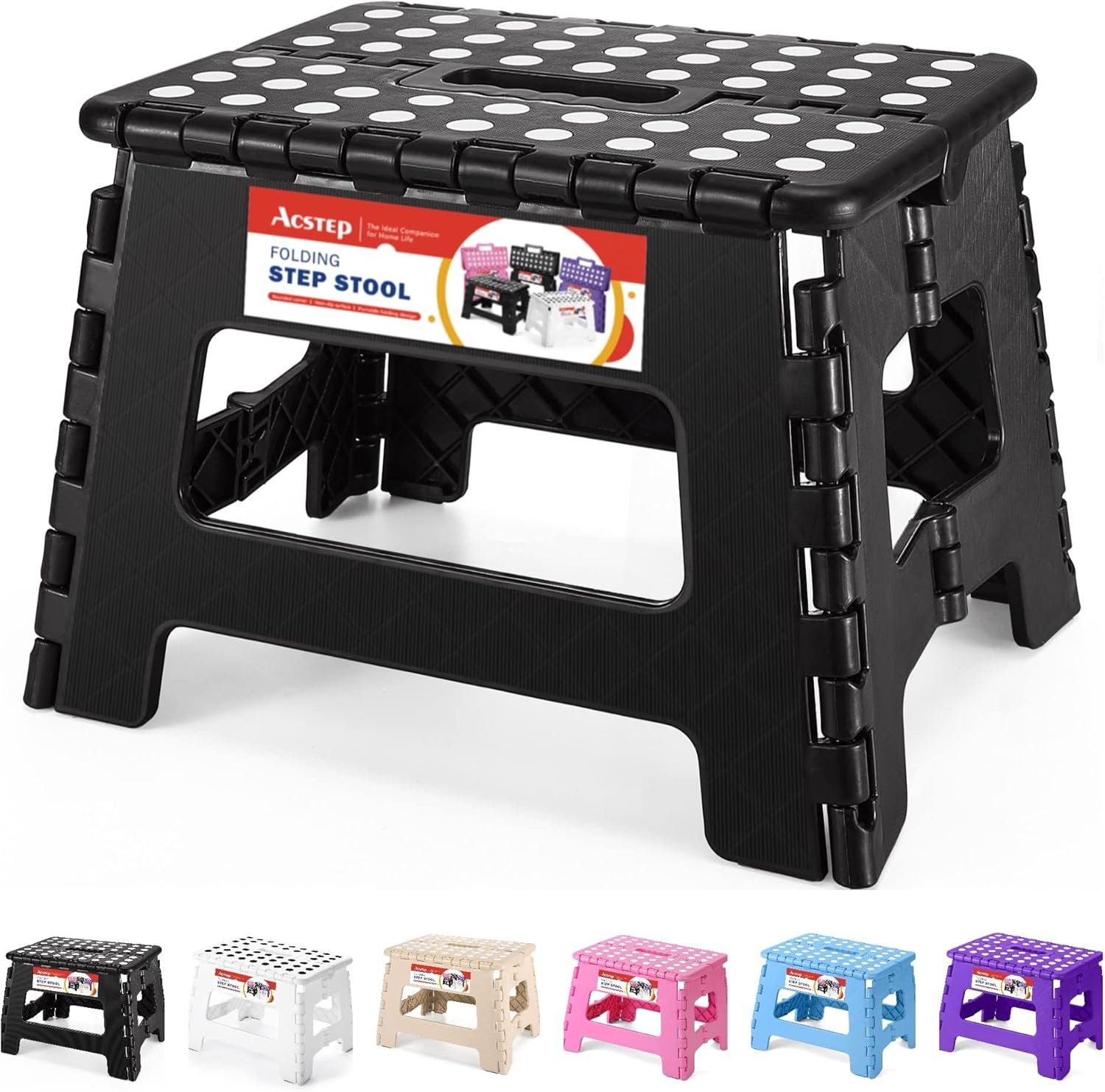 ACSTEP Folding Step Stool 9 Inch, Non-Slip Foldable Stools for Kids, Black | Heavy Duty Collapsible Foot Stool, Lightweight, Holds 300 lb for Toddler/Adults Kitchen Bathroom Bedroom Outdoor, with Handle