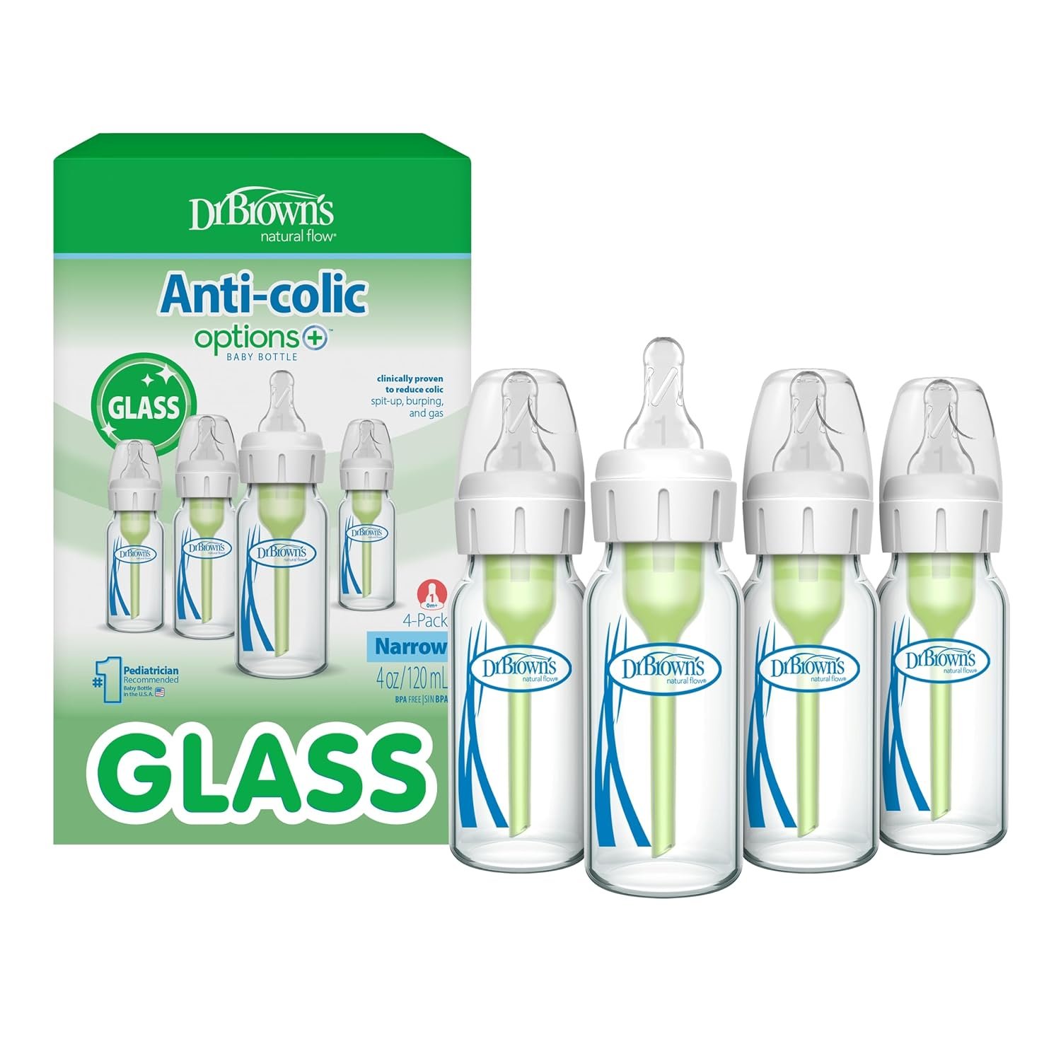 Dr. Brown’s Anti-Colic Options+ Narrow Glass Baby Bottle with Level 1 Slow Flow Nipple, BPA-Free, 4 oz/120mL, 4-Pack