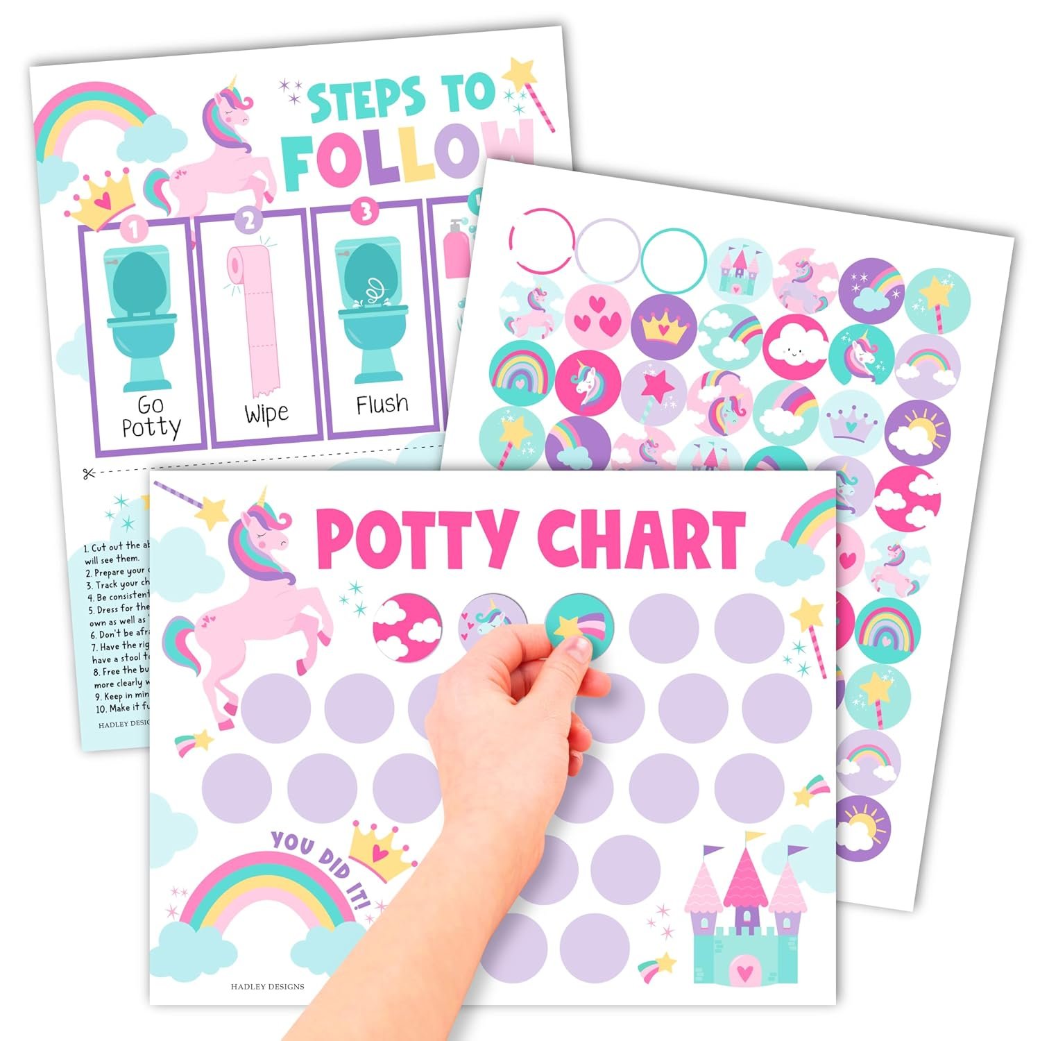 Hadley Designs Potty Training Chart for Toddlers Girls -10 Sticker Potty Chart for Toddlers Girls, 8.5×11″ Potty Training Sticker Charts for Toilet Success, Unicorn Toddler Reward Chart for Kids