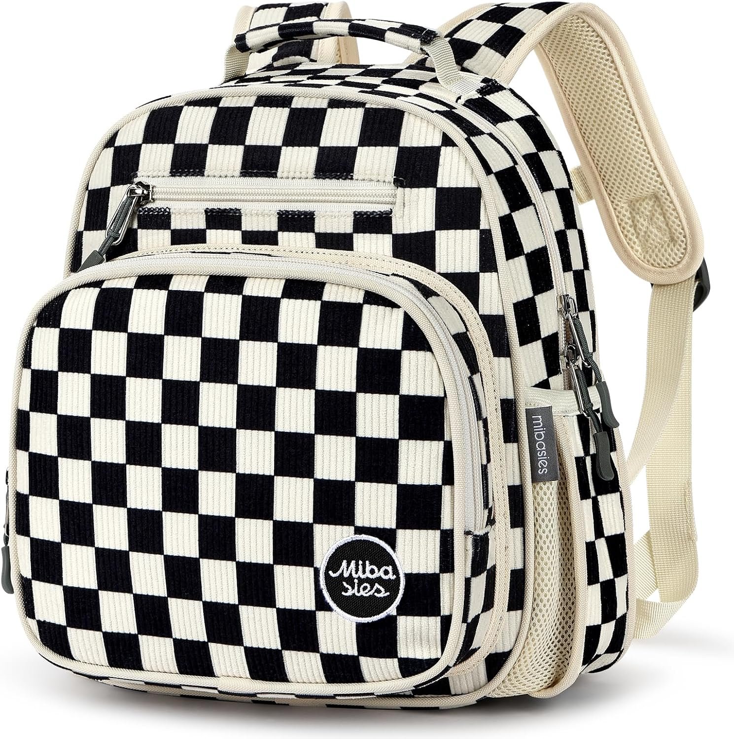 mibasies Corduroy Toddler Backpack for Boys 2-4: Little Kids Backpacks for Preschool Prek Daycare – Cute 12 Inch Bookbag – Black Checkered