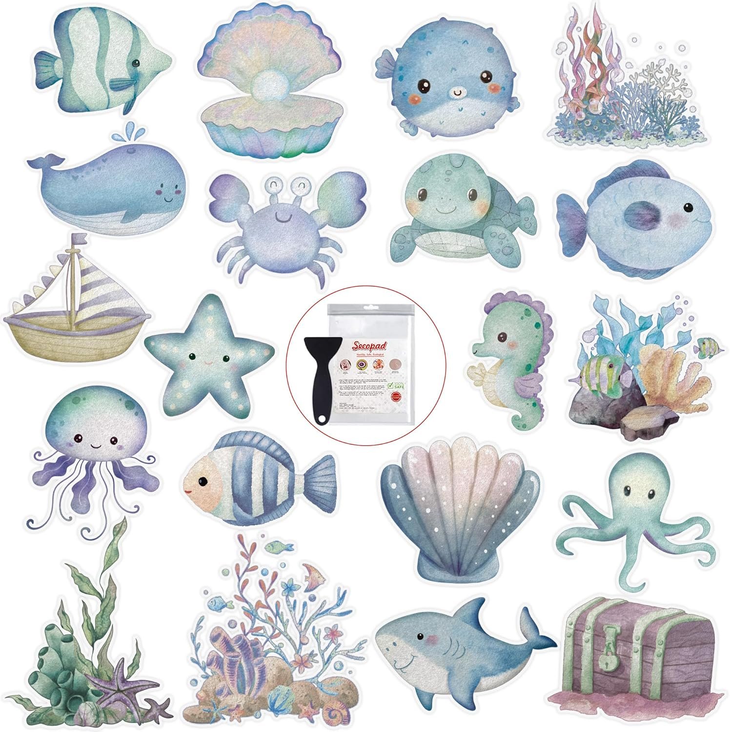 Secopad Bathtub Non Slip Stickers with Strong Adhesive, 20pcs Large Cute Sea Creature Anti Slip Shower Decal with Scraper for Bath Tub, Shower Floor, Stairs