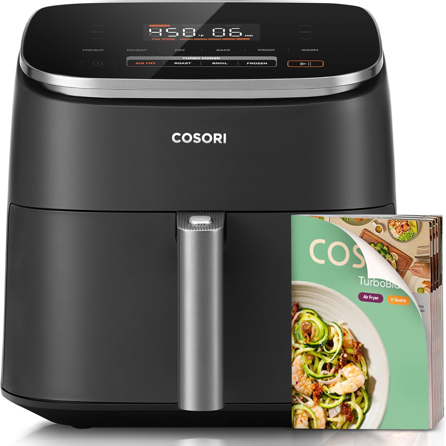 Cosori TurboBlaze Air Fryer 6 Qt, PFAS-Free Ceramic Coating, Dark Gray | 90°–450°F, 5 Level Fan Speeds, 9 in 1 Air Fry, Roast, Bake, Broil, Dry, Frozen, Proof, Reheat, Keep Warm, Safety lock, 1725W