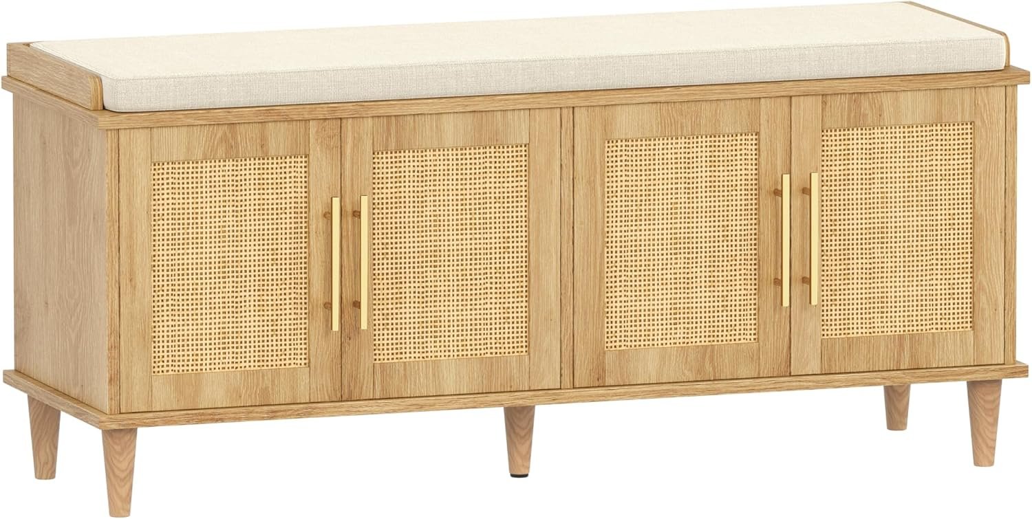 Akxomel Rattan Shoe Storage Bench with Cushion, 2-Tier Entryway Bench with Adjustable Shelves and 4 Doors, 15″ D x 47.2″ W x 20″ H, Solid Wood Legs, for Hallway, Living Room, Bedroom, Natural Oak