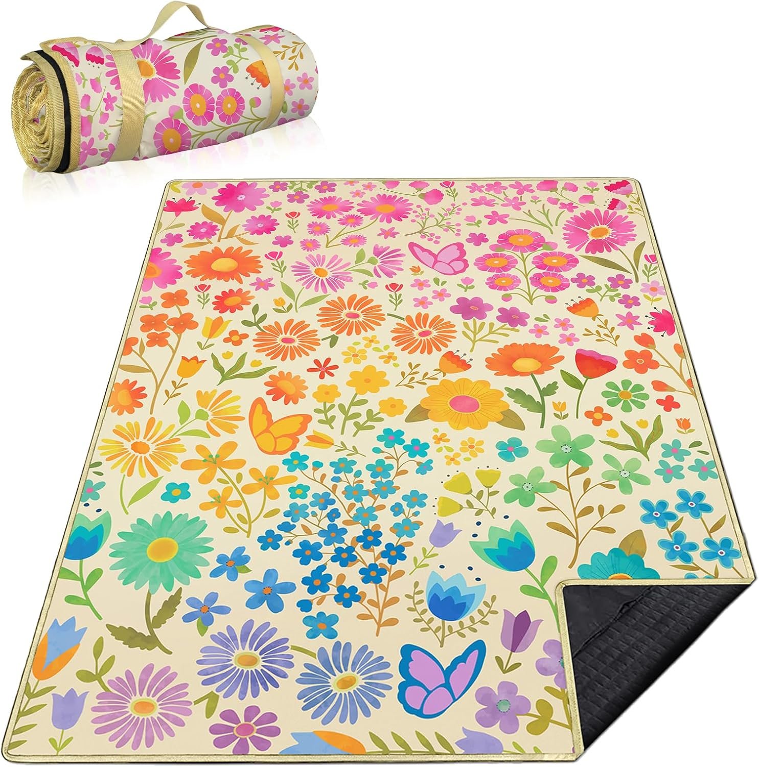 Floral Picnic Blankets Waterproof Foldable, 60″X80″ Packable Picnic Mat Flowers Outdoor Blanket for Grass, Large Beach Blanket Sandproof Picnic Accessories for Camping Music Festival Park Lawn Travel