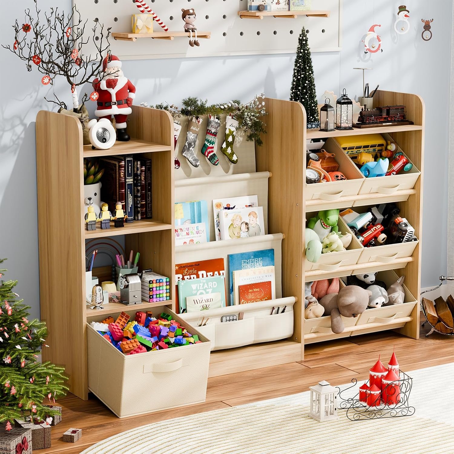 Kids Bookshelf and Toy Storage with 7 Removable Bins, 51 inch, Burlywood | Baby Bookshelf and Toy Organizer, Kids Bookcase, Large Toy Storage with 4-Tier Book Shelf for Kid Room, Playroom, Classroom