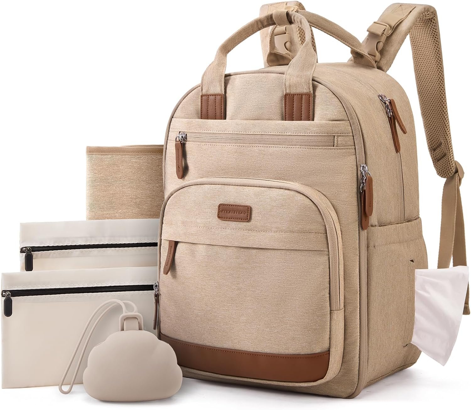 mommore Diaper Bag Backpack, Insulated & Waterproof, Stroller Straps, Camel