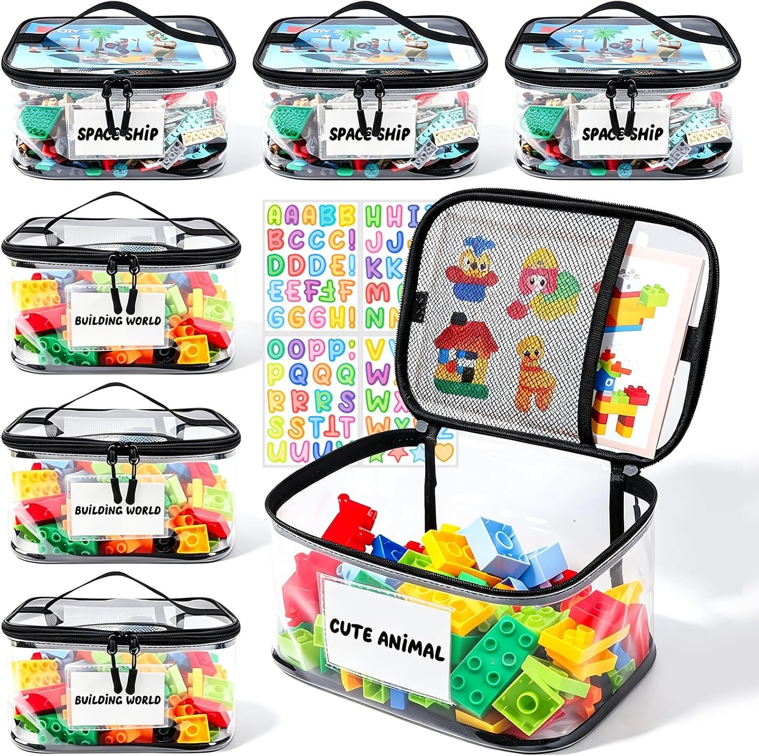 Tesuko 6 Pack Clear Toy Storage Bag with Name Tag& Manual Pocket, Waterproof Transparent PVC Toy Organizer Case for Lego Bricks, Board Games, Building Blocks, Puzzles (Large Capacity, Black)