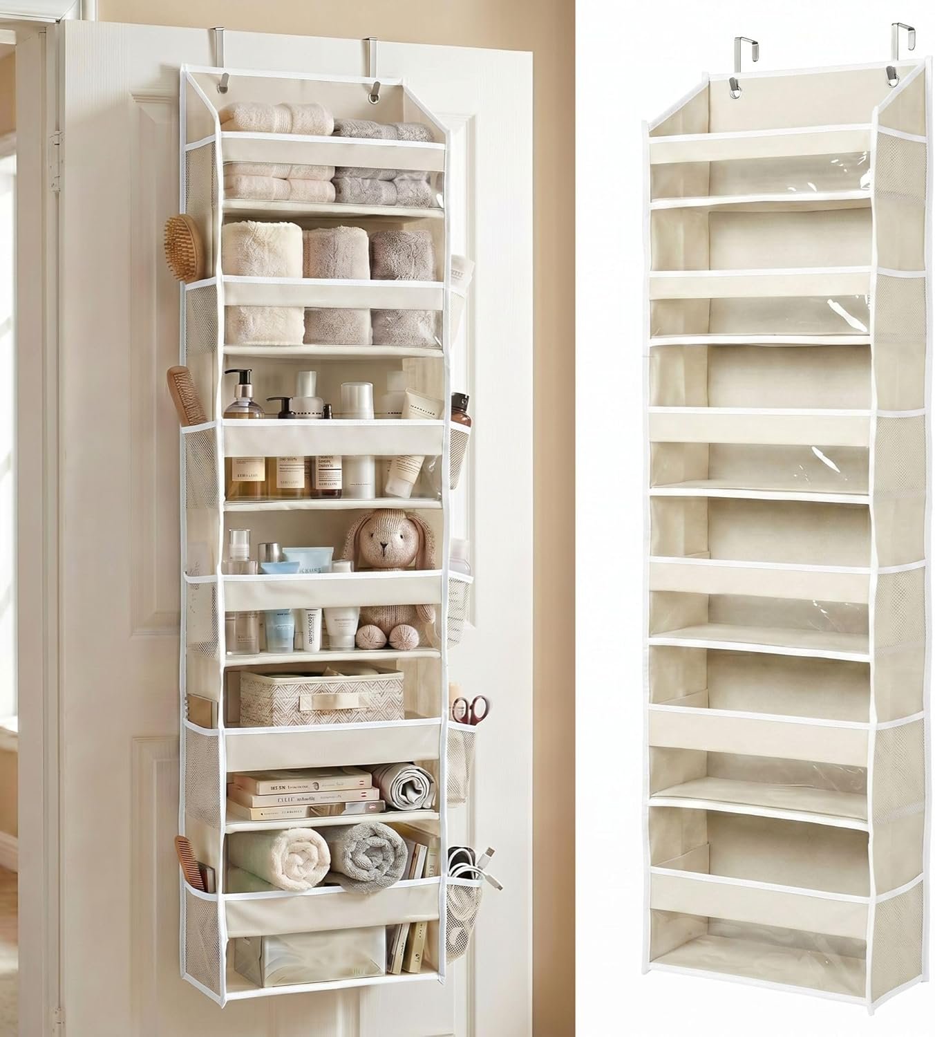 HOMELUX THEORY UPGRADED 6 Tiers Over The Door Organizer Hanging – 100D EXTRA THICK & 50lbs HUGE CAPACITY, 12 Side Mesh Pockets Over The Door Shoe Organizer, Hanging Closet Organizer (Ivory, 1pc)