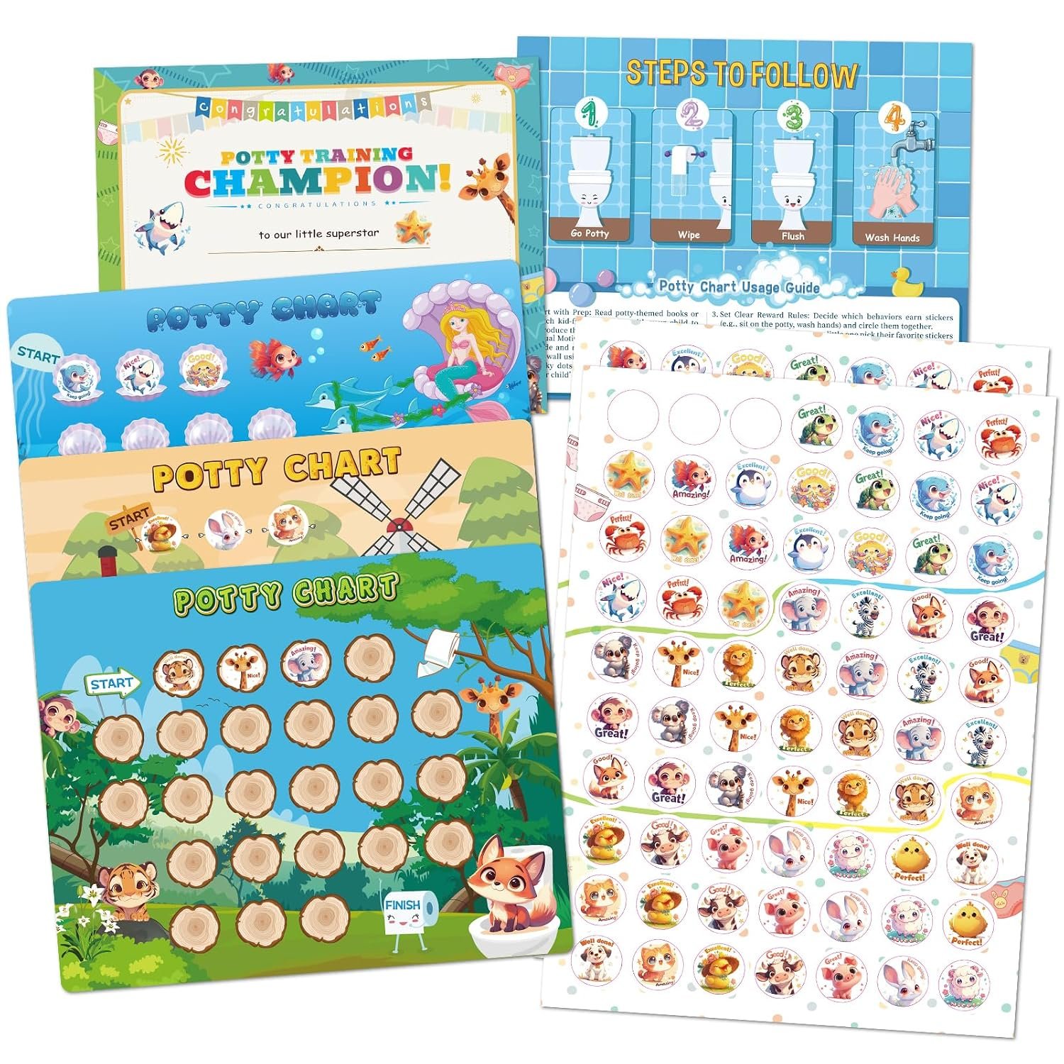 JIXZEN Potty Training Chart with 3 Animal Themes Potty Training Stickers, Fun Potty Reward Chart for Kids, Potty Sticker Chart for Toddlers Girls 1-3, 2-4, Potty Chart for Toddlers Boys Reward(15 PCS)