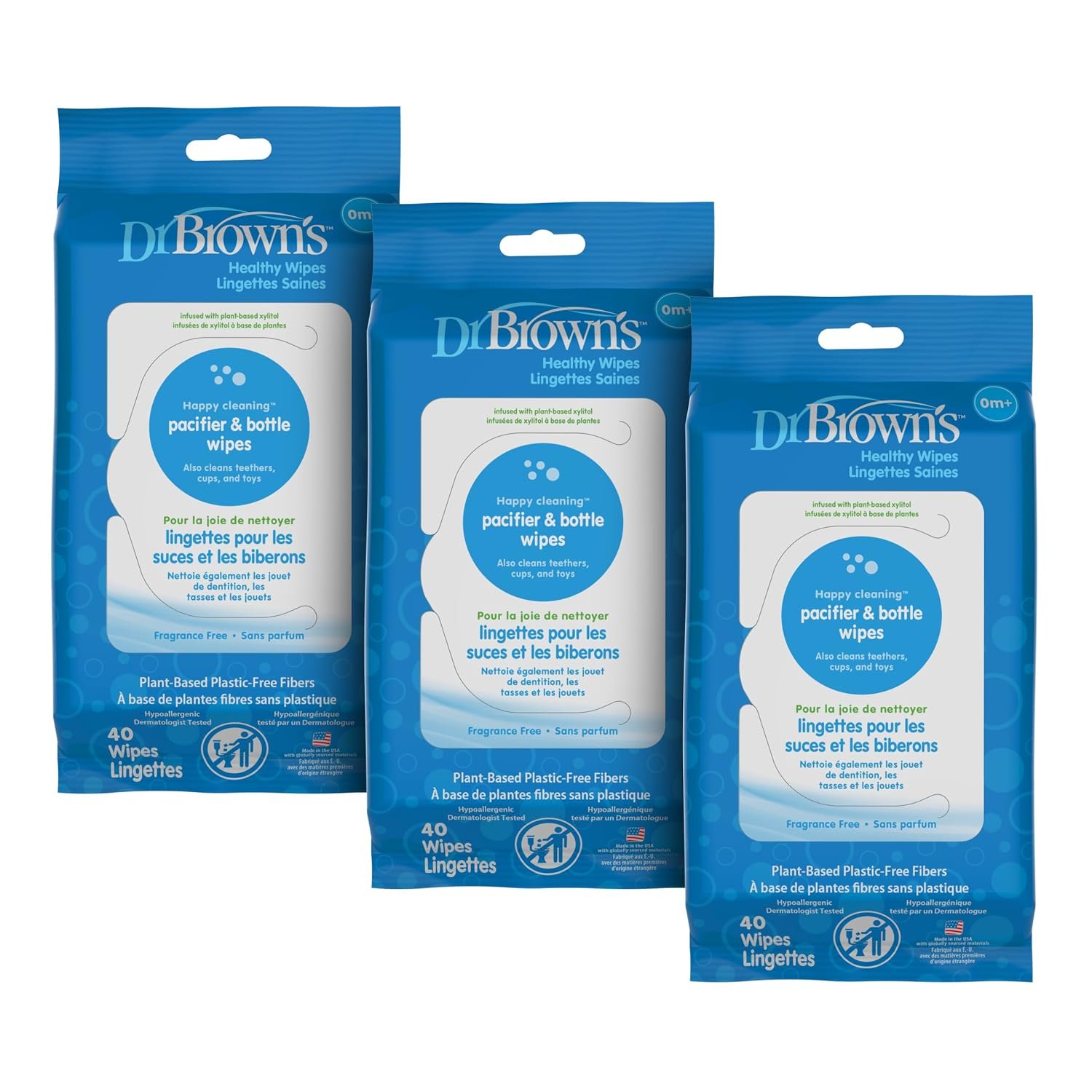 Dr. Brown’s Bottle and Pacifier Healthy Wipes, Safely Clean Bottles, Baby Items, and Feeding Essentials, Hypoallergenic, 40 count, 3-Pack (Packaging May Vary)