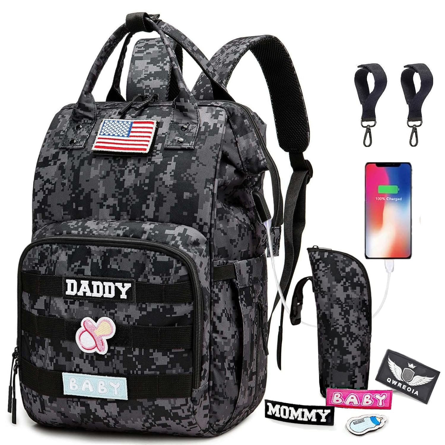 Tactical Diaper Backpack with USB Port (DADDY and MOMMY patches)
