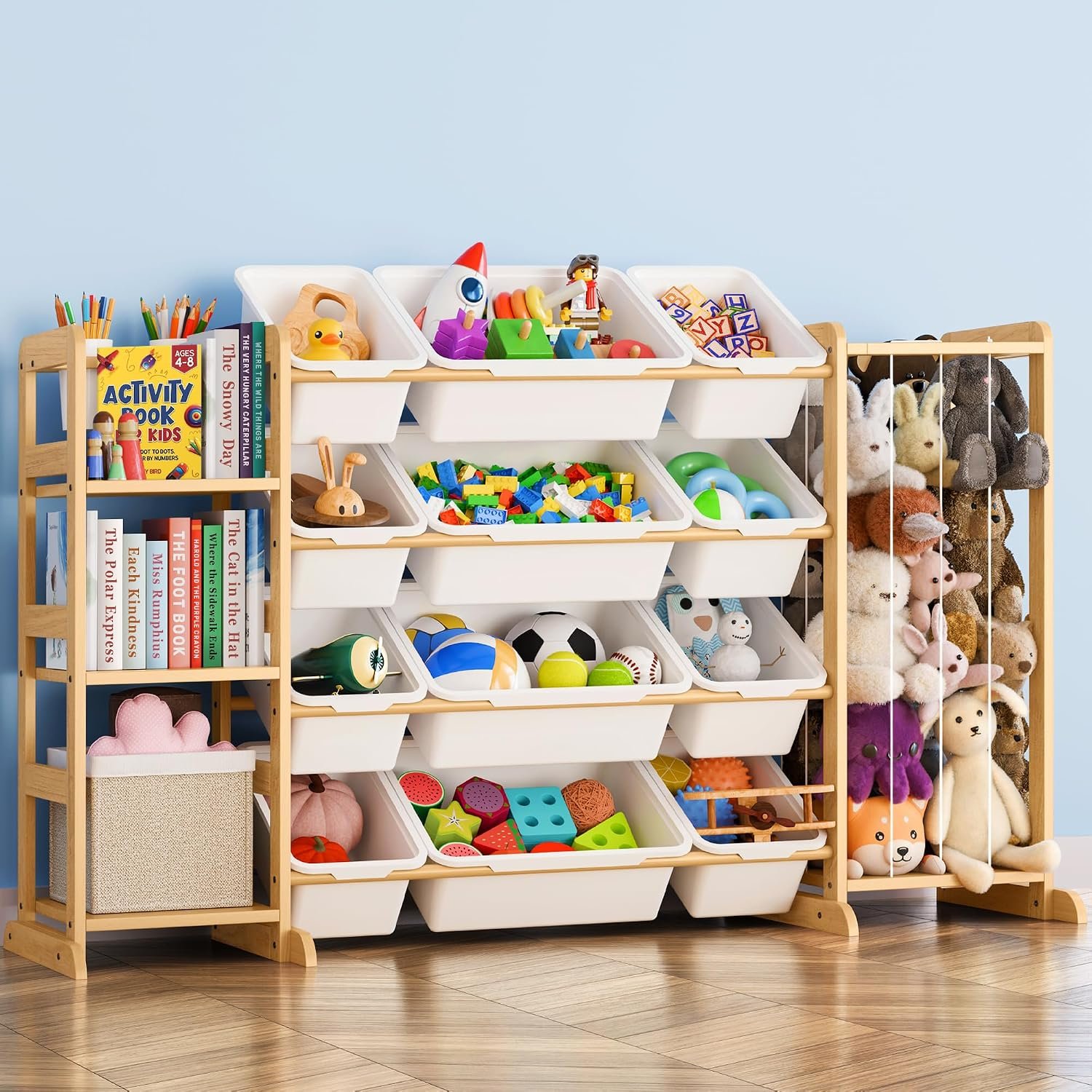 Toy Storage Organizer with Bookshelf and Stuffed Animal Storage – Kids Playroom Organization with Shelves and 12 Toy Bins – Toddler Living Room Toy Box for Lego – Nursery Bedroom Decor Essential