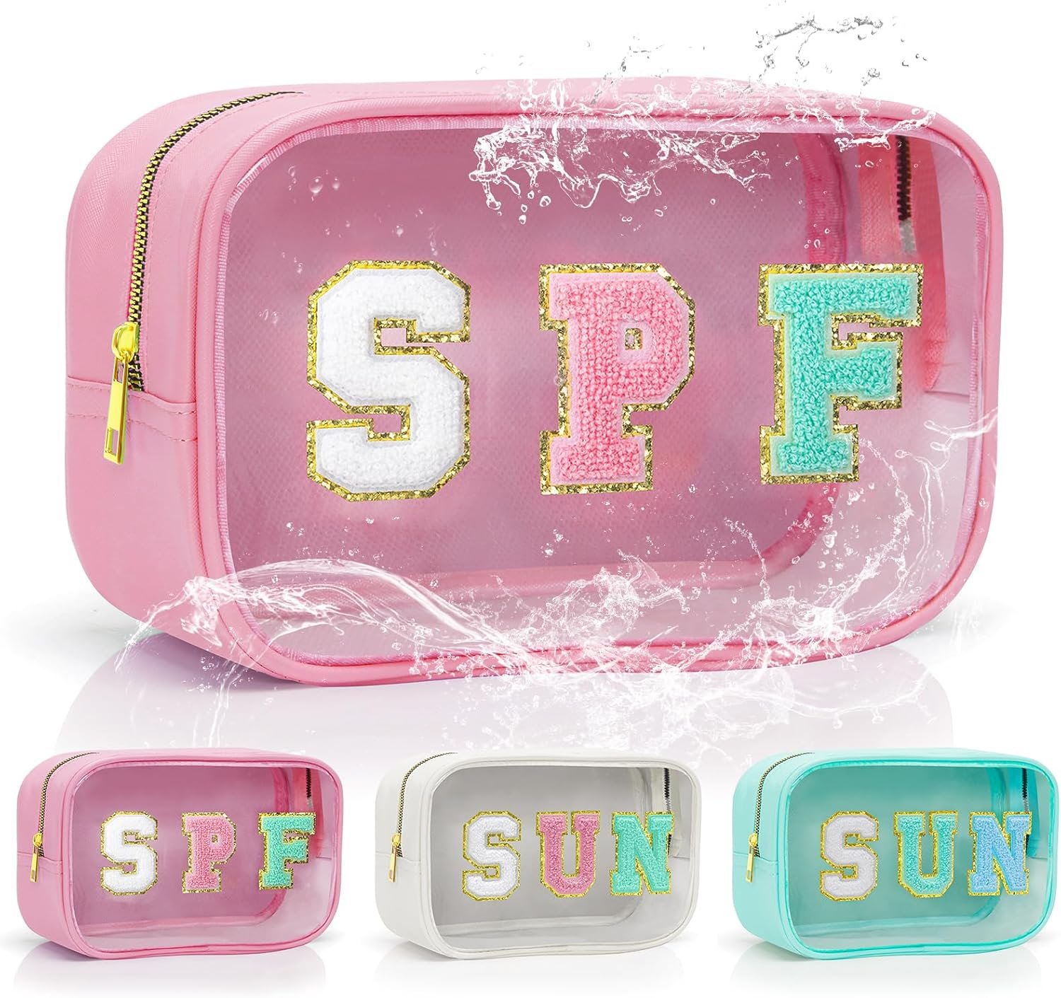 Clear Cute Waterproof Sunscreen Sun Bags Travel Toiletry Makeup Bag | Sun Personalized Beach Pool Summer Essentials SPF Bag Cosmetic Bag Pouch Cosmetic Bag With Letter Patches For Women Girls