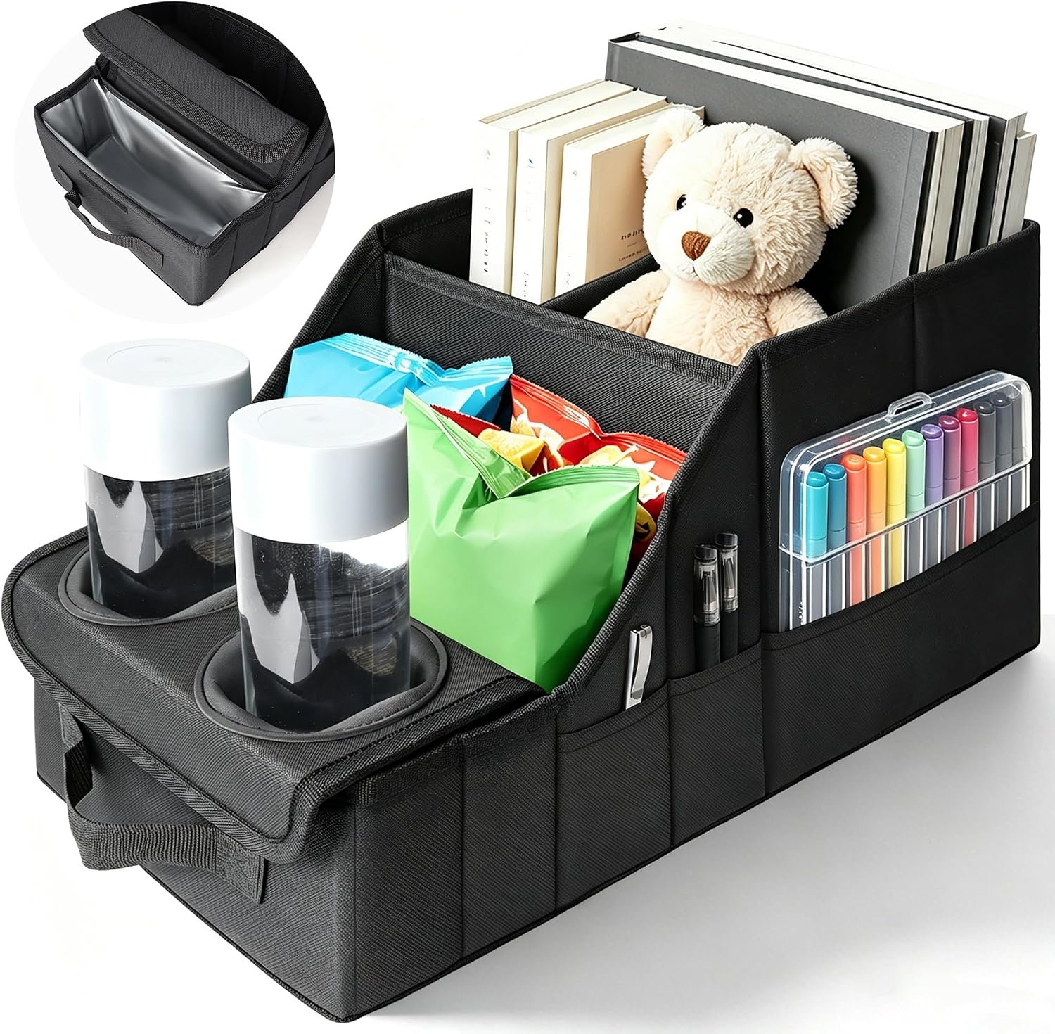 Car Seat Organizer with Cooler Compartment for Front & Rear Seats | 11 Storage Pockets, 2 Cup Holders, Durable Oxford Fabric, SUV & Truck Compatible, Ideal for Kids Family Road Trips