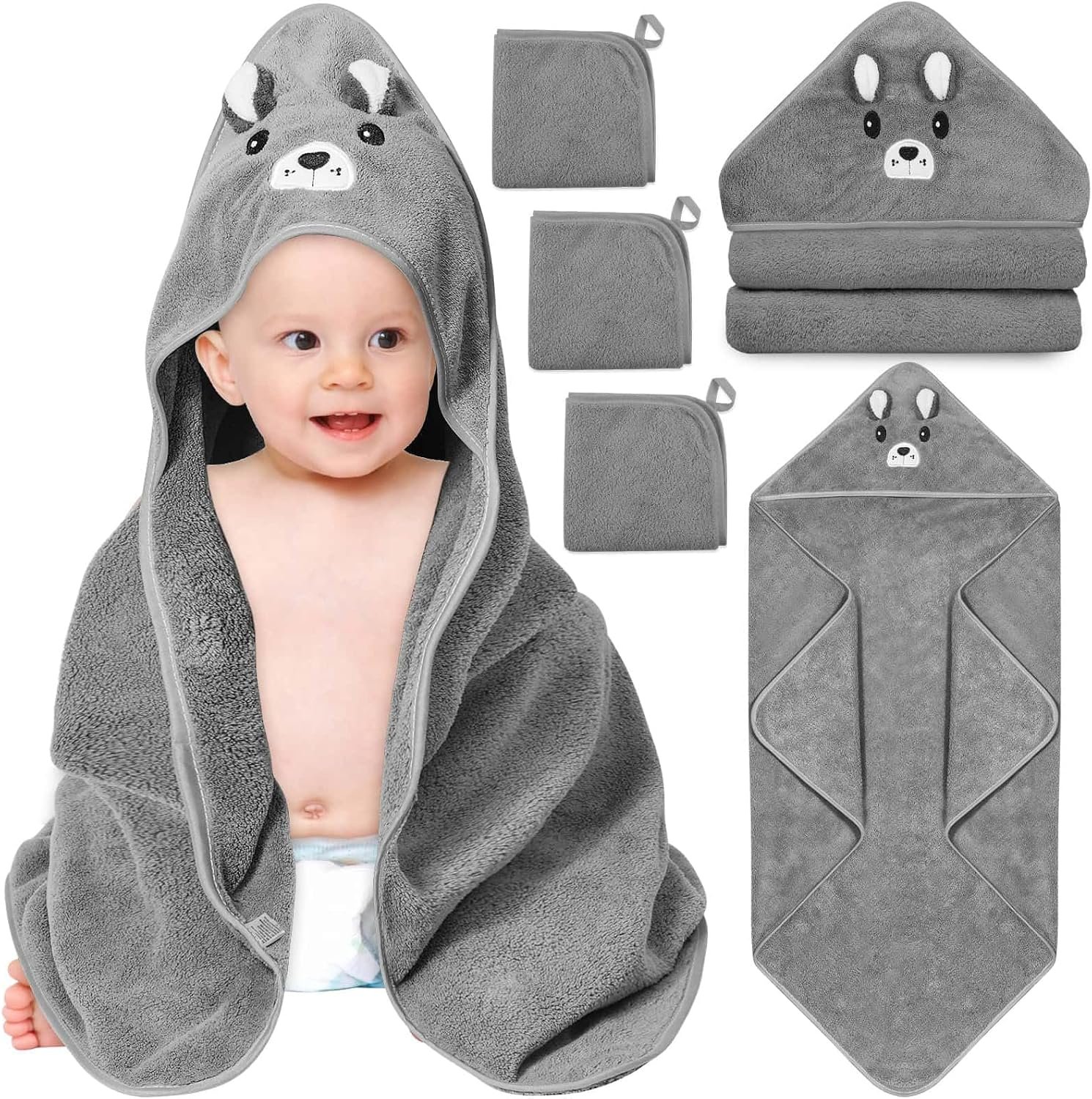 4 PCS Hooded Baby Towels, Soft Baby Towel, Absorbent Baby Bath Towel, Baby Towels and 3 PCS Baby Washcloths for Newborns, Toddlers, and Kids, 32×32 in Baby Towel with Hood for Boy and Girl (Gray Bear)