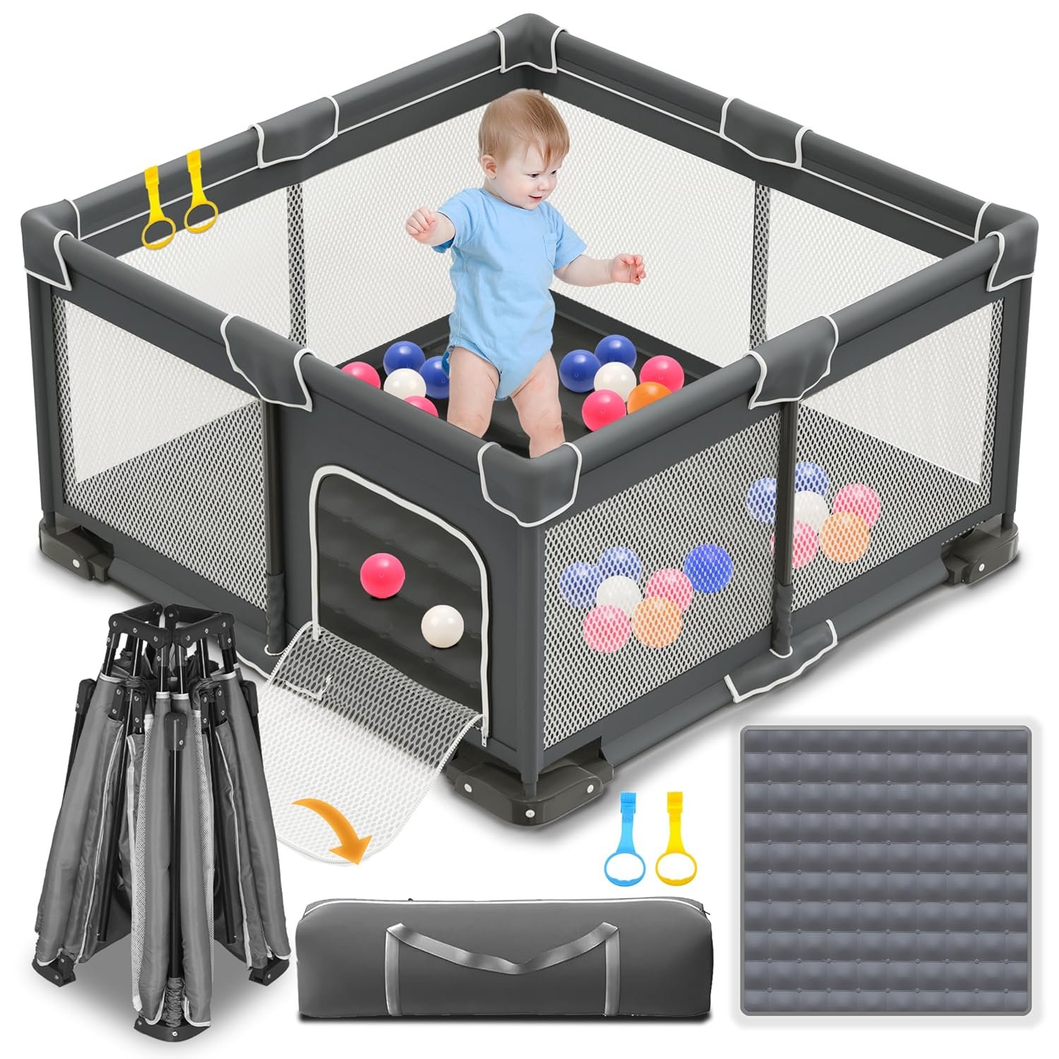 ICAREWAY Foldable Playpen for Babies and Toddlers, 50×50 Inches Portable Playpen, Kids Collapsible Play Pen with 2 Handlers, Indoor & Outdoor Baby Fence Play Area with Visible Mesh, Dark Gray