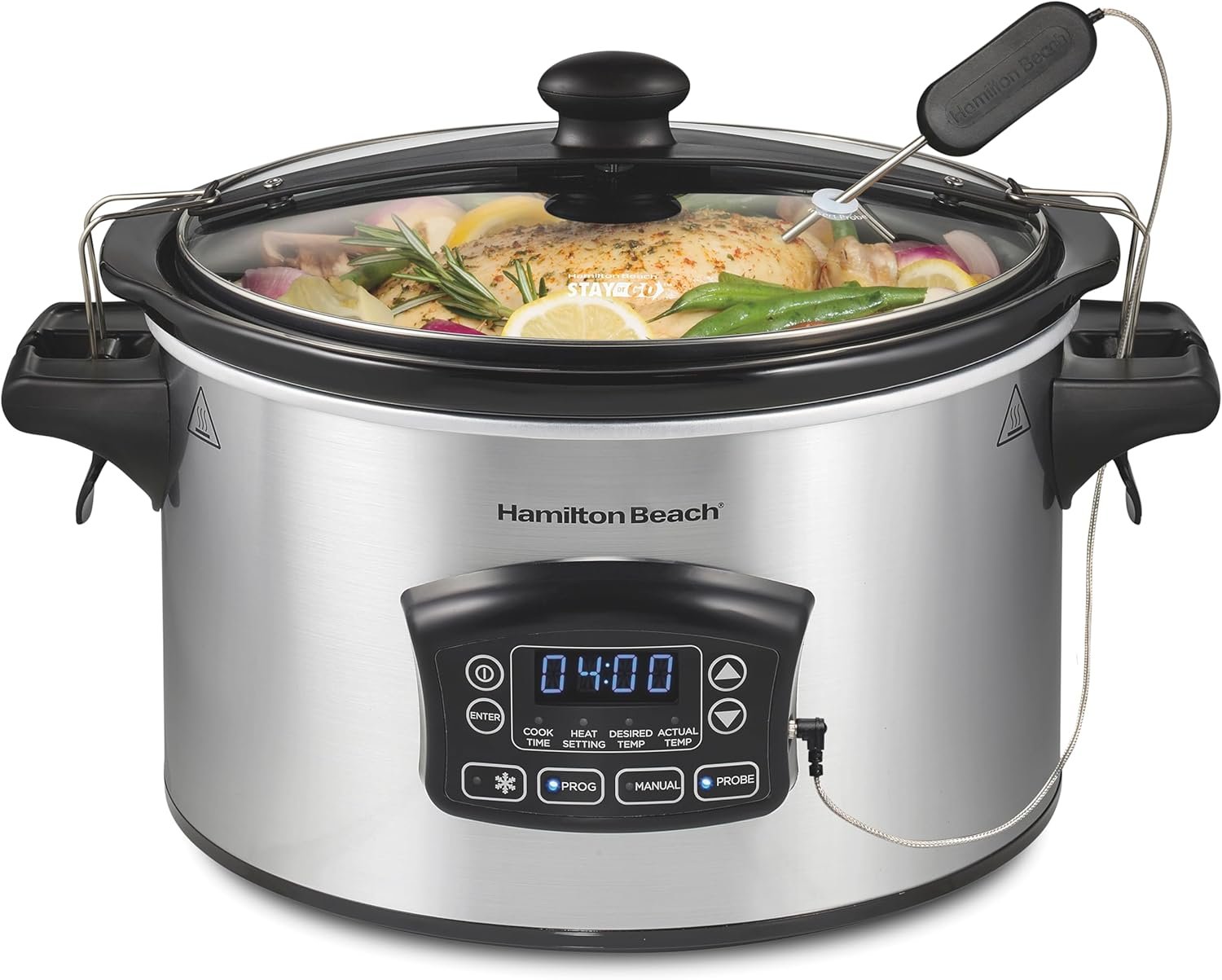 Hamilton Beach Portable 6 Quart Set & Forget Programmable Slow Cooker | Defrost Setting | Lid Lock For Easy Travel | Dishwasher Safe Crock & Glass Lid | Silver | 33869