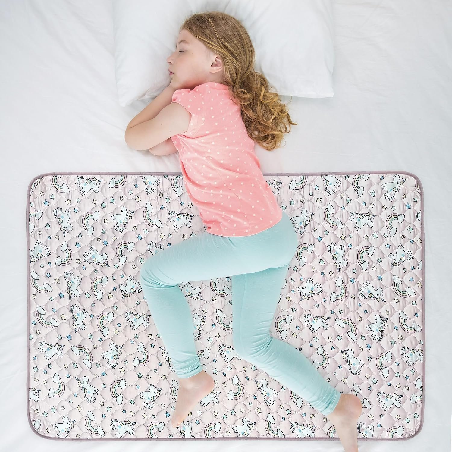 Organic Incontinence Pads for Kids & Toddlers – 5 Layer Waterproof Protectors for Overnight Bed Wetting – Reusable & Washable Pee Pads – Fits Twin to Full Size Beds – 34″ x 52″ Unicorn